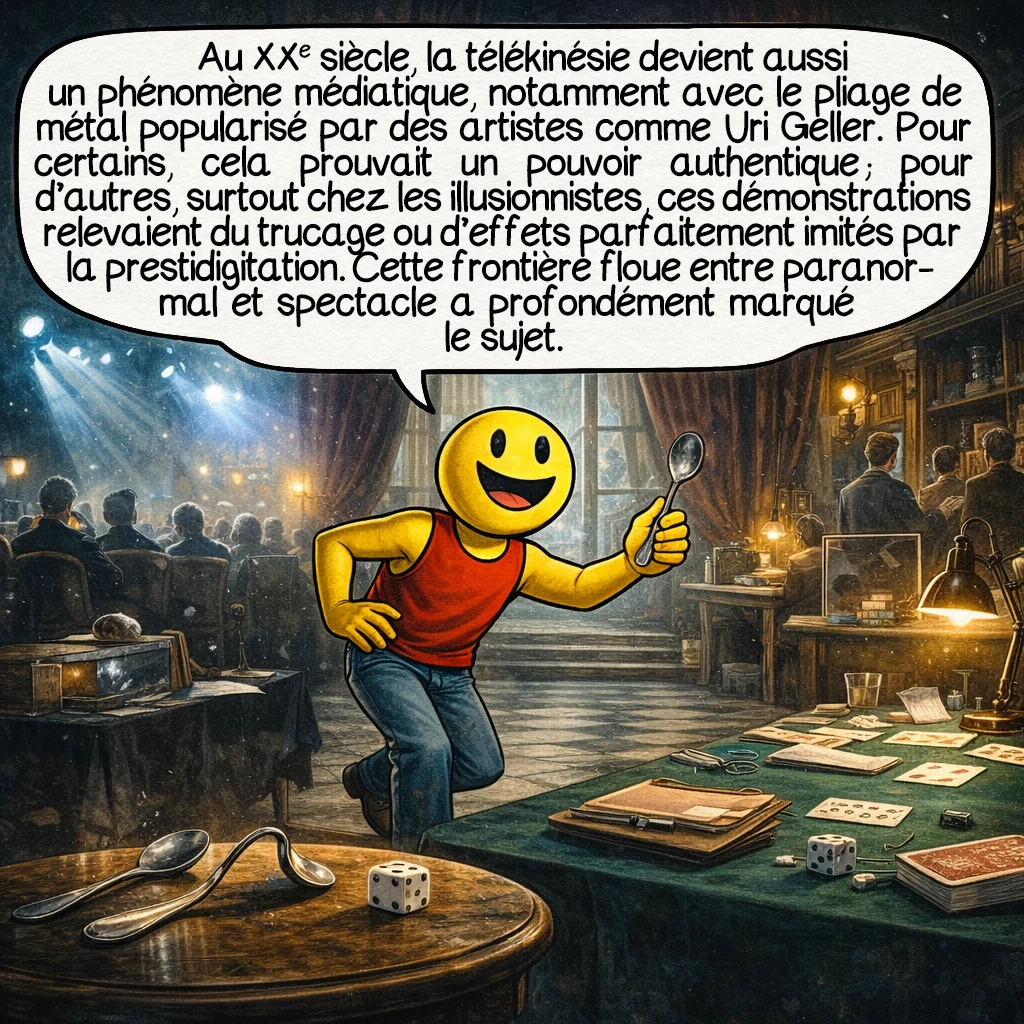 La télékinésie, case 6 : Au XXe siècle, la télékinésie devient aussi un phénomène médiatique, notamment avec le pliage de métal popularisé par des artistes comme Uri Geller. Pour certains, cela prouvait un pouvoir authentique ; pour d’autres, surtout chez les illusionnistes, ces démonstrations relevaient du trucage ou d’effets parfaitement imités par la prestidigitation. Cette frontière floue entre paranormal et spectacle a profondément marqué le sujet.