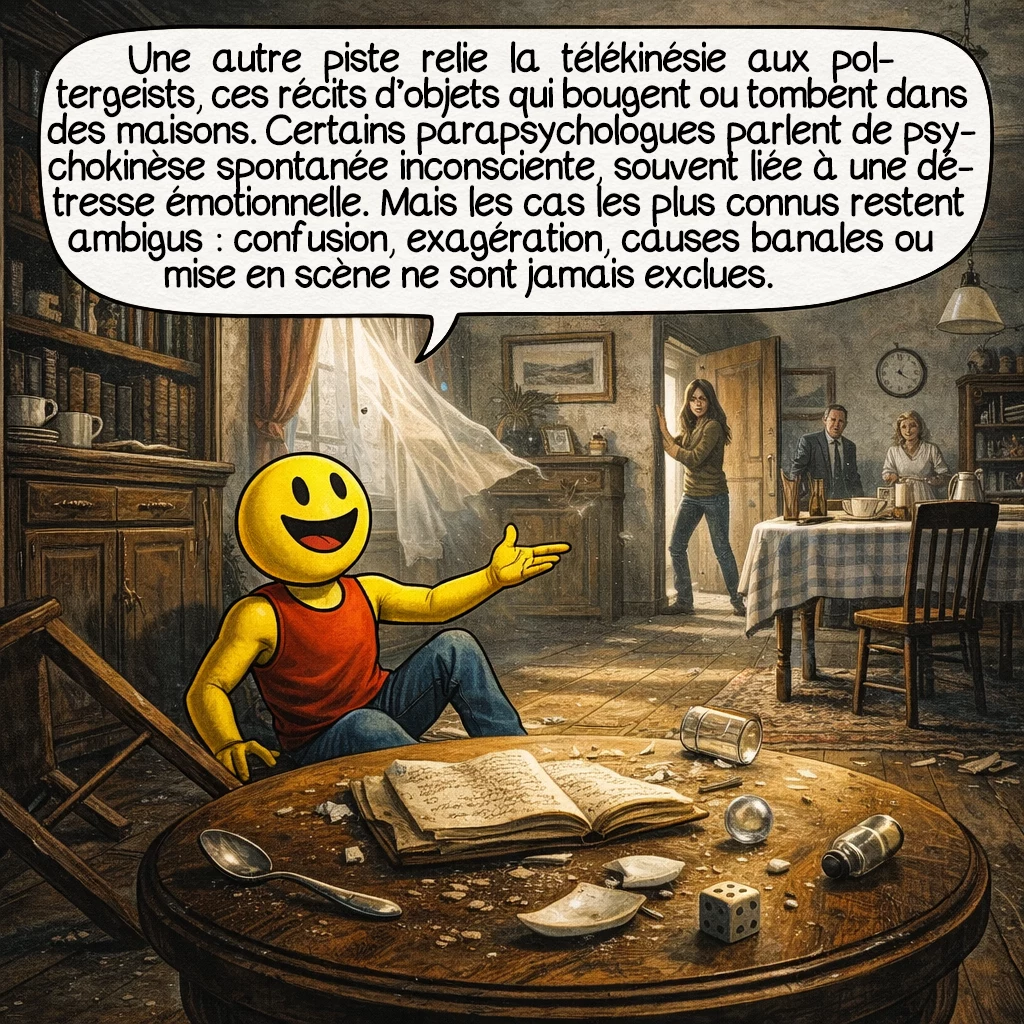 La télékinésie, case 7 : Une autre piste célèbre relie la télékinésie aux poltergeists, ces récits d’objets qui tombent ou bougent dans des maisons. Certains parapsychologues ont proposé l’idée de psychokinèse spontanée inconsciente, souvent associée à une personne en détresse émotionnelle. Mais là encore, les cas les plus connus restent ambigus : confusion, exagération, causes banales ou mise en scène ne sont jamais totalement exclues.