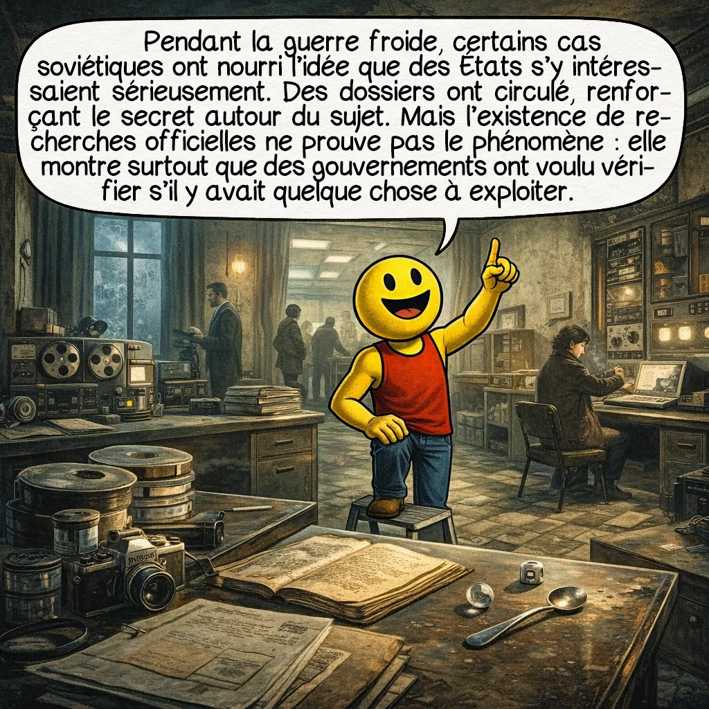 La télékinésie, case 8 : Pendant la guerre froide, certains cas soviétiques ont nourri l’idée que des États s’intéressaient sérieusement à ces capacités. Des dossiers et rapports ont bien circulé, ce qui a renforcé le halo de secret autour du sujet. Mais l’existence de recherches officielles ne prouve pas l’existence du phénomène : cela montre surtout que des gouvernements ont voulu vérifier s’il y avait quelque chose à exploiter.