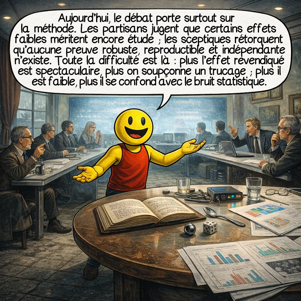 La télékinésie, case 9 : Aujourd’hui, le débat se joue surtout sur la méthode. Les partisans disent parfois que certains effets faibles méritent encore étude ; les sceptiques répondent qu’aucune preuve robuste, reproductible et indépendante n’a été obtenue. La principale difficulté est là : plus l’effet revendiqué est spectaculaire, plus on soupçonne le trucage ; plus il est faible, plus il devient difficile à distinguer d’un simple bruit statistique.