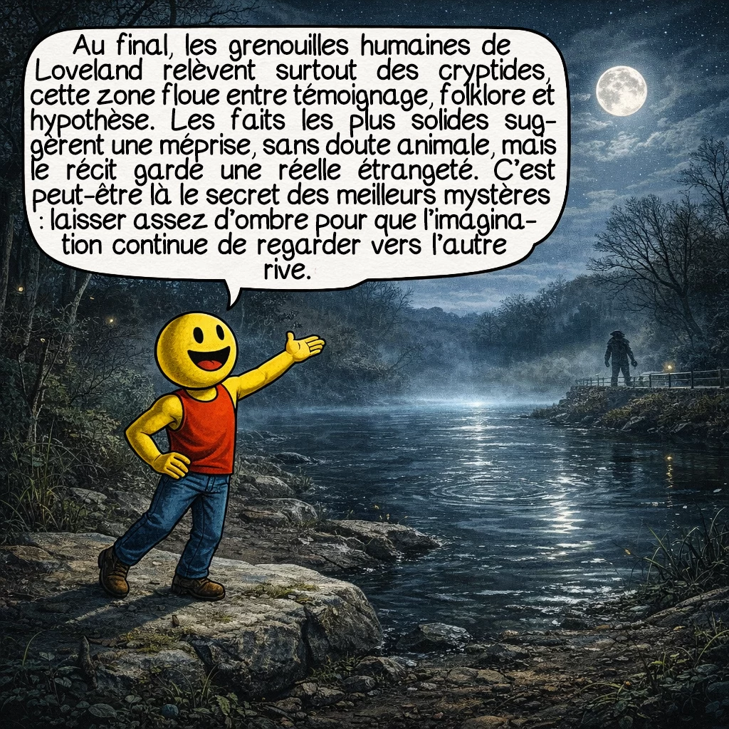 Les grenouilles humaines de Loveland, case 10 : Au final, les grenouilles humaines de Loveland appartiennent surtout au monde des cryptides, c’est-à-dire à cette zone floue entre témoignage, folklore et hypothèse. Les faits les plus solides pointent vers une méprise, probablement animale, mais le récit conserve une vraie force d’étrangeté. Et c’est peut-être cela, le secret des meilleurs mystères : laisser juste assez d’ombre pour que l’imagination continue de regarder vers la rive d’en face.