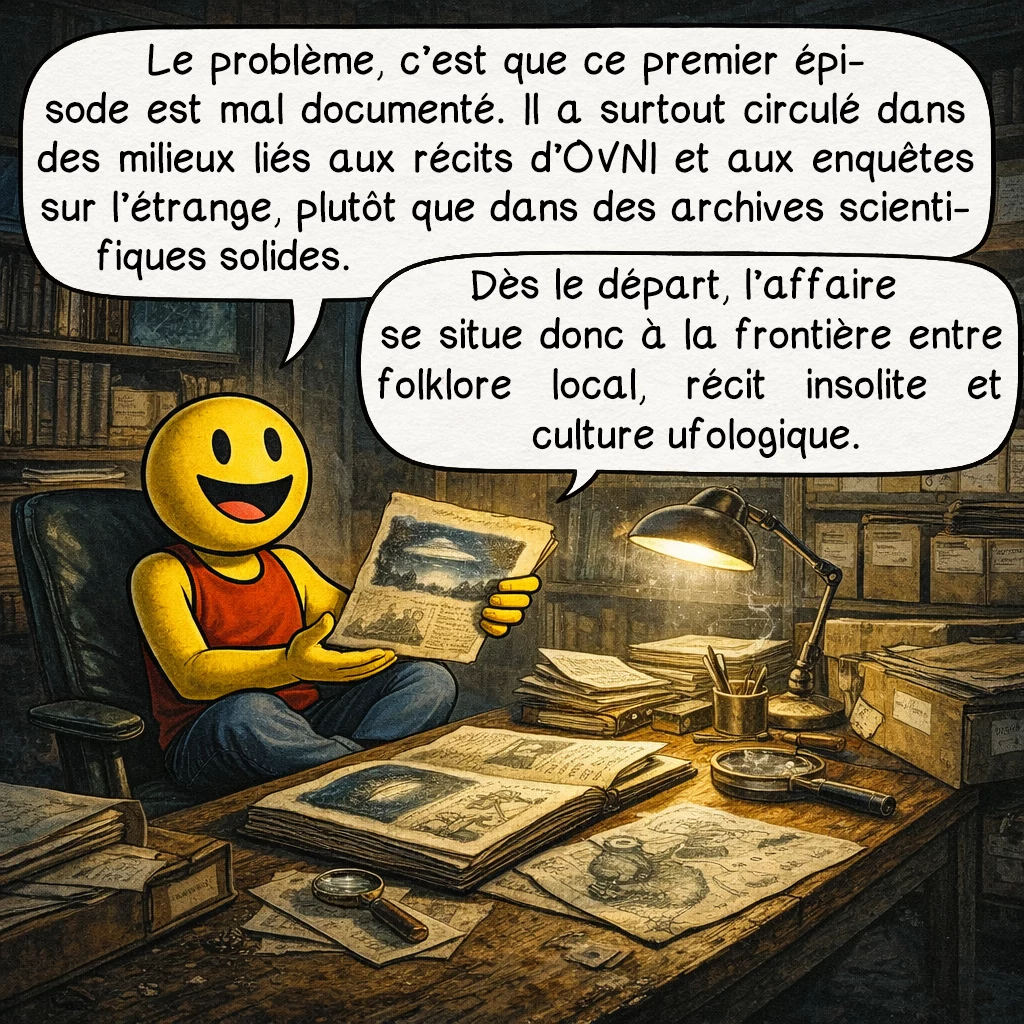 Les grenouilles humaines de Loveland, case 3 : Le problème, c’est que ce premier épisode est mal documenté. Il a surtout circulé dans des milieux liés aux récits d’OVNI et aux enquêtes sur l’étrange, plutôt que dans des archives scientifiques solides. Dès le départ, l’affaire se situe donc à la frontière entre folklore local, récit insolite et culture ufologique.