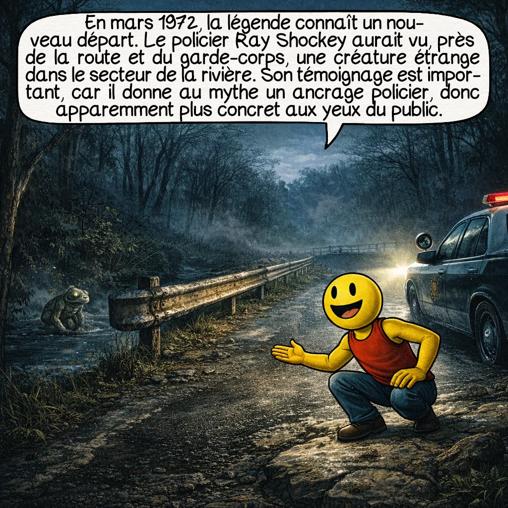 Les grenouilles humaines de Loveland, case 4 : En mars 1972, la légende connaît un nouveau départ. Le policier Ray Shockey aurait vu, près de la route et du garde-corps, une créature étrange dans le secteur de la rivière. Son témoignage est important, car il donne au mythe un ancrage policier, donc apparemment plus concret aux yeux du public.