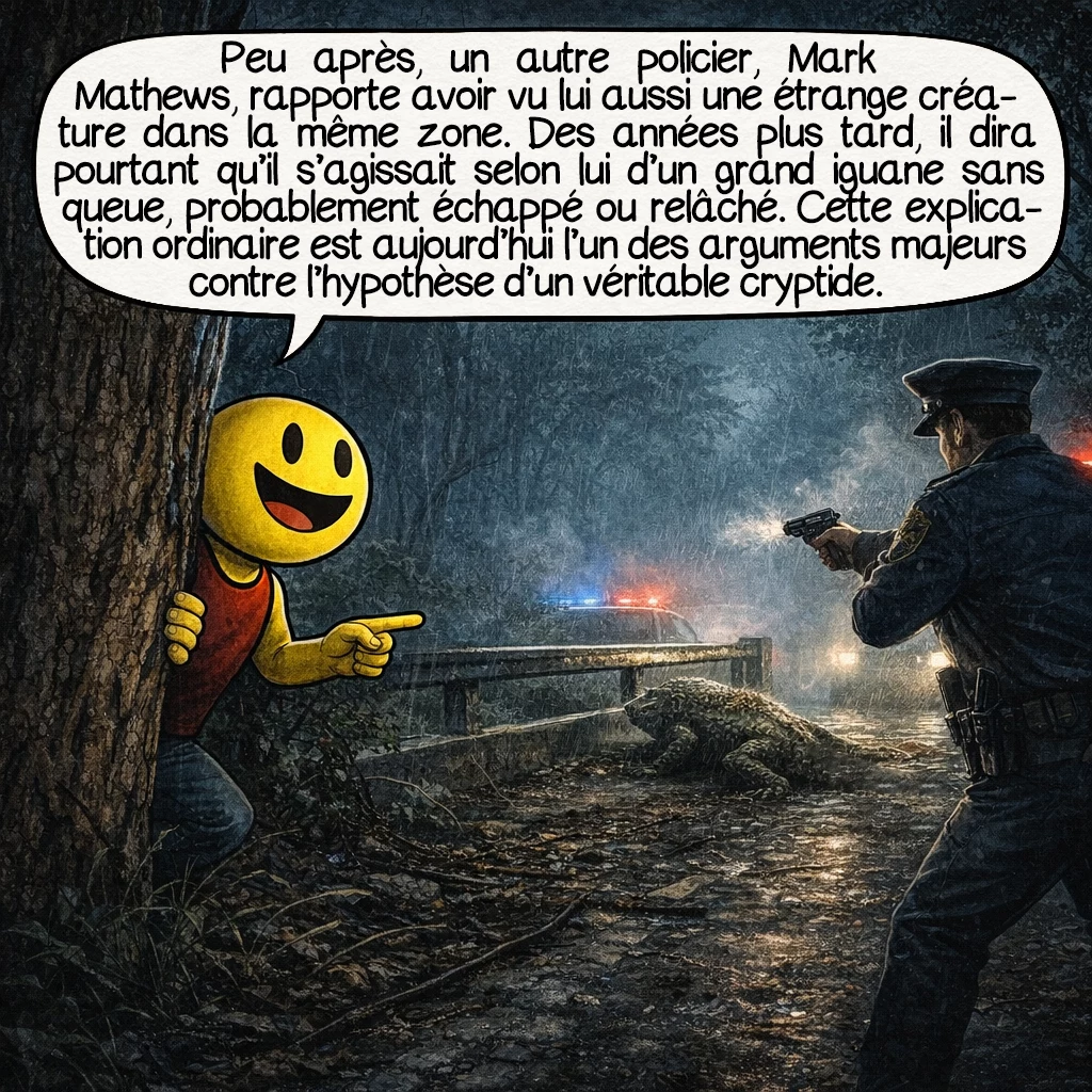 Les grenouilles humaines de Loveland, case 5 : Peu après, un autre policier, Mark Mathews, rapporte avoir vu lui aussi une étrange créature dans la même zone. Des années plus tard, il dira pourtant qu’il s’agissait selon lui d’un grand iguane sans queue, probablement échappé ou relâché. Cette explication ordinaire est aujourd’hui l’un des arguments majeurs contre l’hypothèse d’un véritable cryptide.