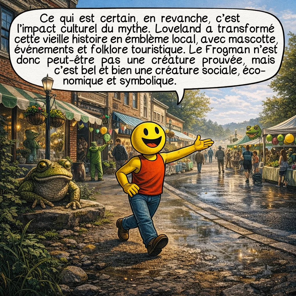 Les grenouilles humaines de Loveland, case 8 : Ce qui est certain, en revanche, c’est l’impact culturel du mythe. Loveland a transformé cette vieille histoire en emblème local, avec mascotte, événements et folklore touristique. Le Frogman n’est donc peut-être pas une créature prouvée, mais c’est bel et bien une créature sociale, économique et symbolique.