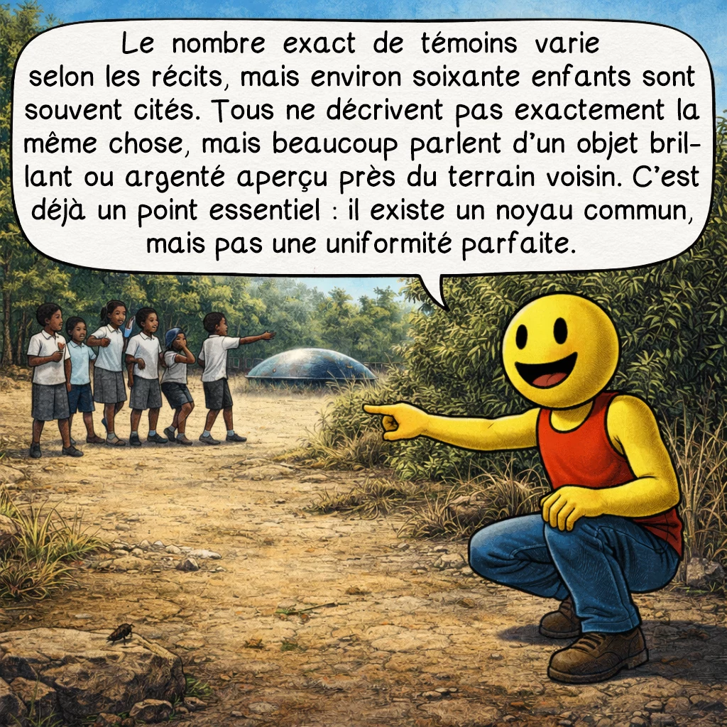 L’incident de l’école Ariel, case 2 : Le nombre exact de témoins varie selon les récits, mais environ soixante enfants sont souvent cités. Tous ne décrivent pas exactement la même chose, mais beaucoup parlent d’un objet brillant ou argenté aperçu près du terrain voisin. C’est déjà un point essentiel : il existe un noyau commun, mais pas une uniformité parfaite.