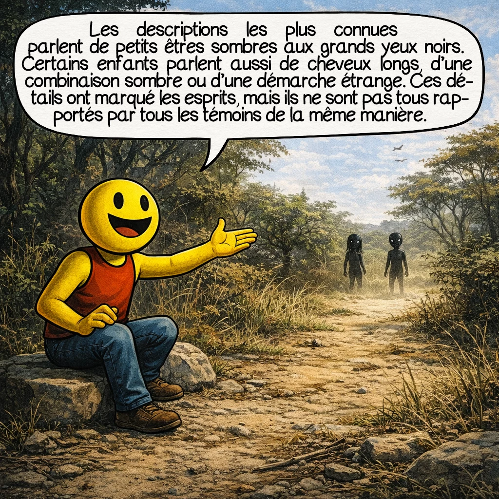 L’incident de l’école Ariel, case 3 : Les descriptions les plus connues évoquent de petits êtres sombres, avec de grands yeux noirs. Certains enfants parlent aussi de cheveux longs, d’une combinaison sombre ou d’une démarche étrange. Ces détails ont marqué les esprits, mais ils ne sont pas tous rapportés par tous les témoins de la même manière.