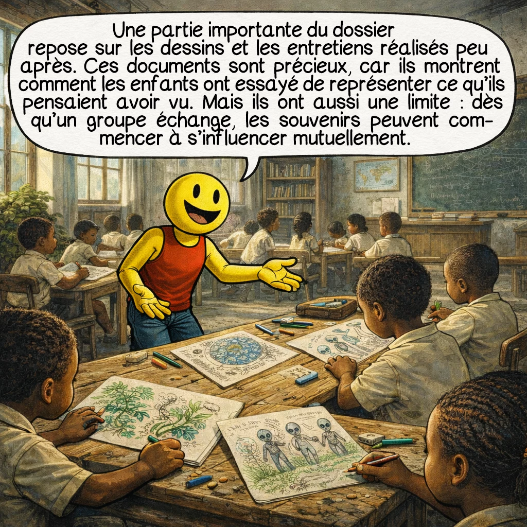 L’incident de l’école Ariel, case 4 : Une partie importante du dossier repose sur les dessins et les entretiens réalisés peu après. Ces documents sont précieux, car ils montrent comment les enfants ont essayé de représenter ce qu’ils pensaient avoir vu. Mais ils ont aussi une limite : dès qu’un groupe échange, les souvenirs peuvent commencer à s’influencer mutuellement.