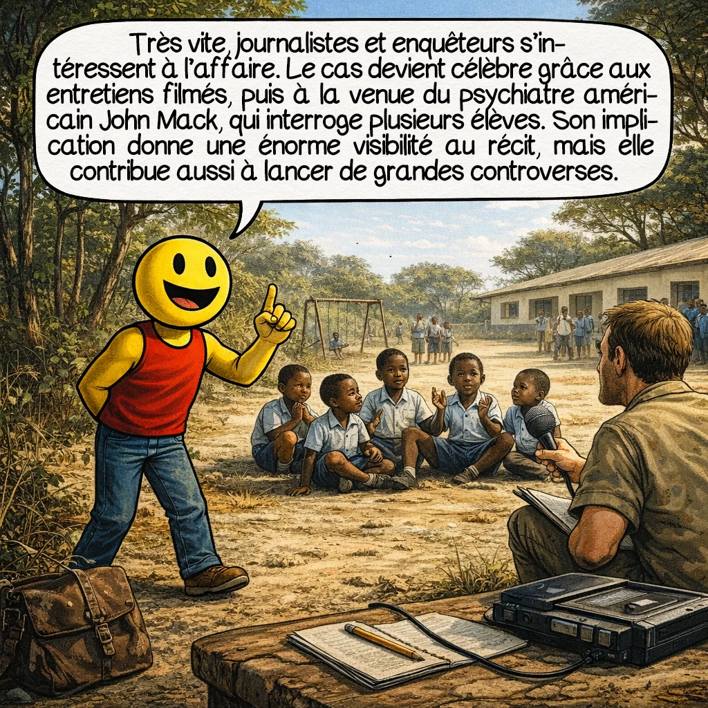 L’incident de l’école Ariel, case 5 : Très vite, des journalistes et des enquêteurs s’intéressent à l’affaire. Le cas devient célèbre notamment grâce aux entretiens filmés, puis à la venue du psychiatre américain John Mack, qui interroge plusieurs élèves. Son implication donne une énorme visibilité au récit, mais elle contribue aussi à lancer de grandes controverses.