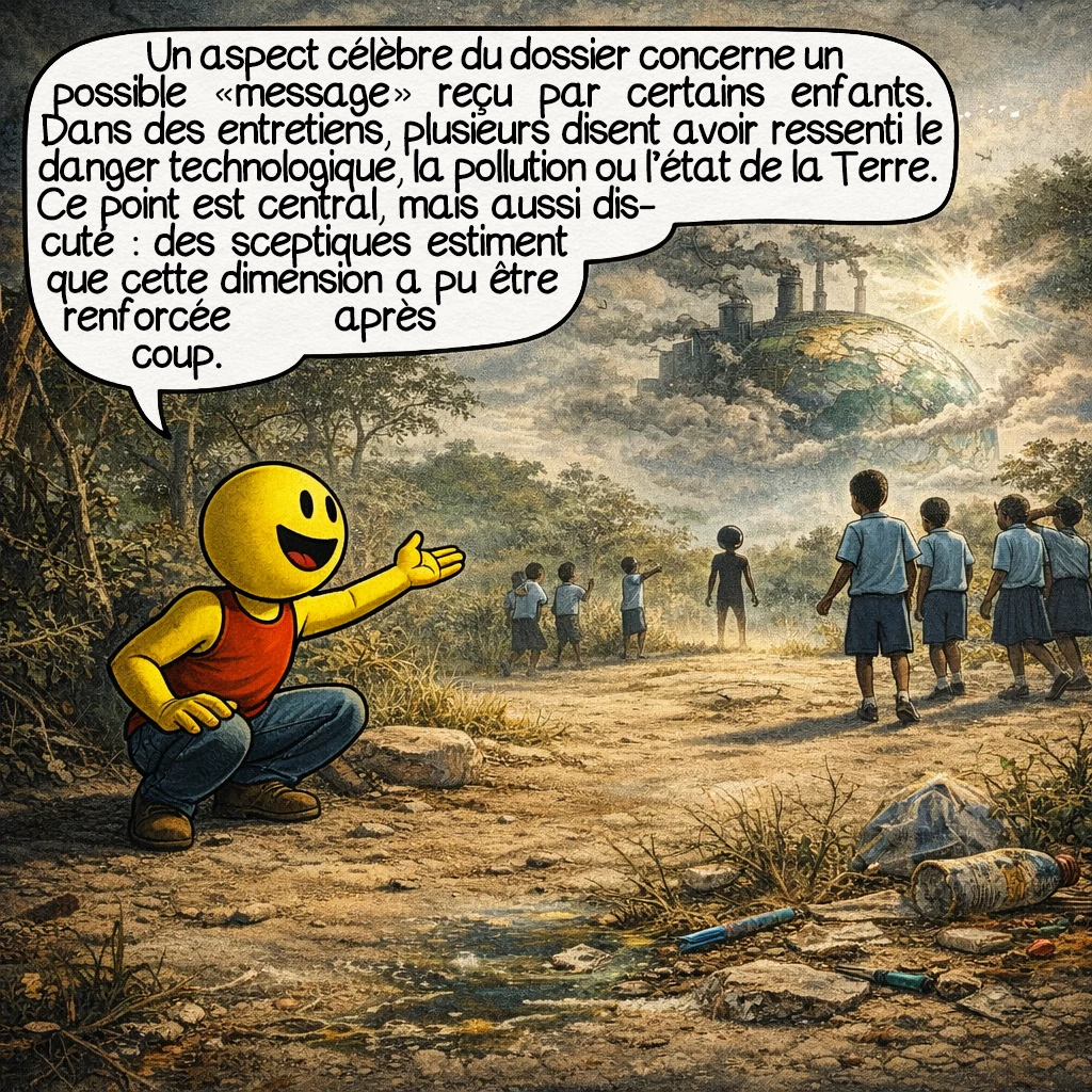 L’incident de l’école Ariel, case 6 : Un aspect célèbre du dossier concerne un possible « message » reçu par certains enfants. Dans des entretiens ultérieurs, plusieurs disent avoir ressenti des idées liées au danger technologique, à la pollution ou à l’état de la Terre. Ce point est central, mais aussi discuté : des sceptiques estiment que cette dimension a pu être renforcée après coup.