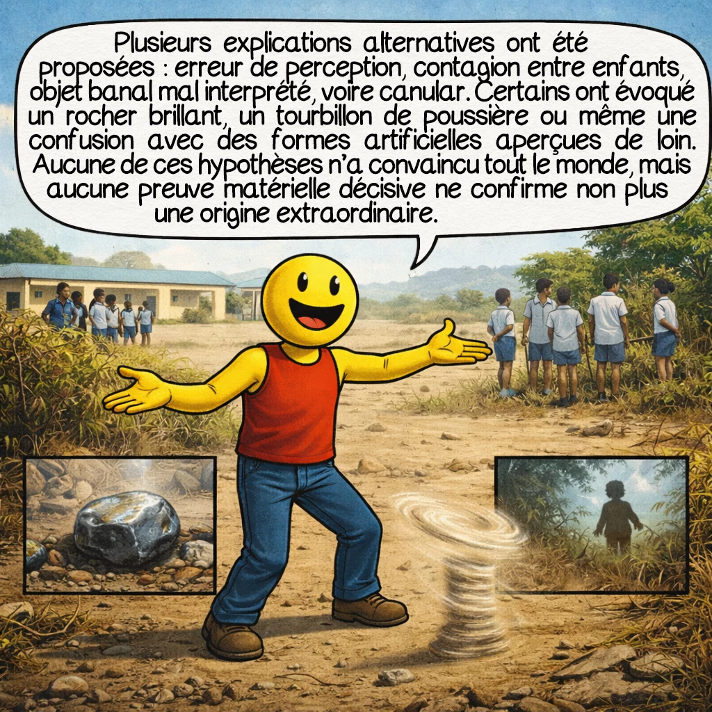 L’incident de l’école Ariel, case 8 : Plusieurs explications alternatives ont été proposées : erreur de perception, contagion entre enfants, objet banal mal interprété, voire canular. Certains ont évoqué un rocher brillant, un tourbillon de poussière ou même une confusion avec des formes artificielles aperçues de loin. Aucune de ces hypothèses n’a convaincu tout le monde, mais aucune preuve matérielle décisive ne confirme non plus une origine extraordinaire.
