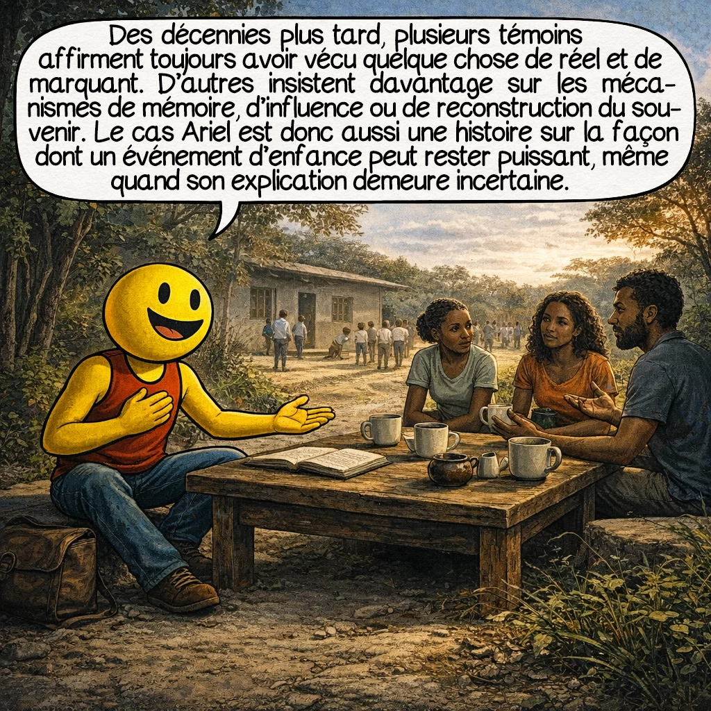 L’incident de l’école Ariel, case 9 : Des décennies plus tard, plusieurs témoins affirment toujours avoir vécu quelque chose de réel et de marquant. D’autres insistent davantage sur les mécanismes de mémoire, d’influence ou de reconstruction du souvenir. Le cas Ariel est donc aussi une histoire sur la façon dont un événement d’enfance peut rester puissant, même quand son explication demeure incertaine.