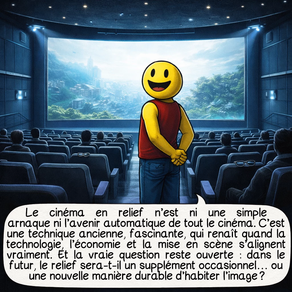Le cinéma en relief, case 10 : Le cinéma en relief n’est ni une simple arnaque ni l’avenir automatique de tout le cinéma. C’est une technique ancienne, fascinante, qui renaît quand la technologie, l’économie et la mise en scène s’alignent vraiment. Et la vraie question reste ouverte : dans le futur, le relief sera-t-il un supplément occasionnel… ou une nouvelle manière durable d’habiter l’image ?