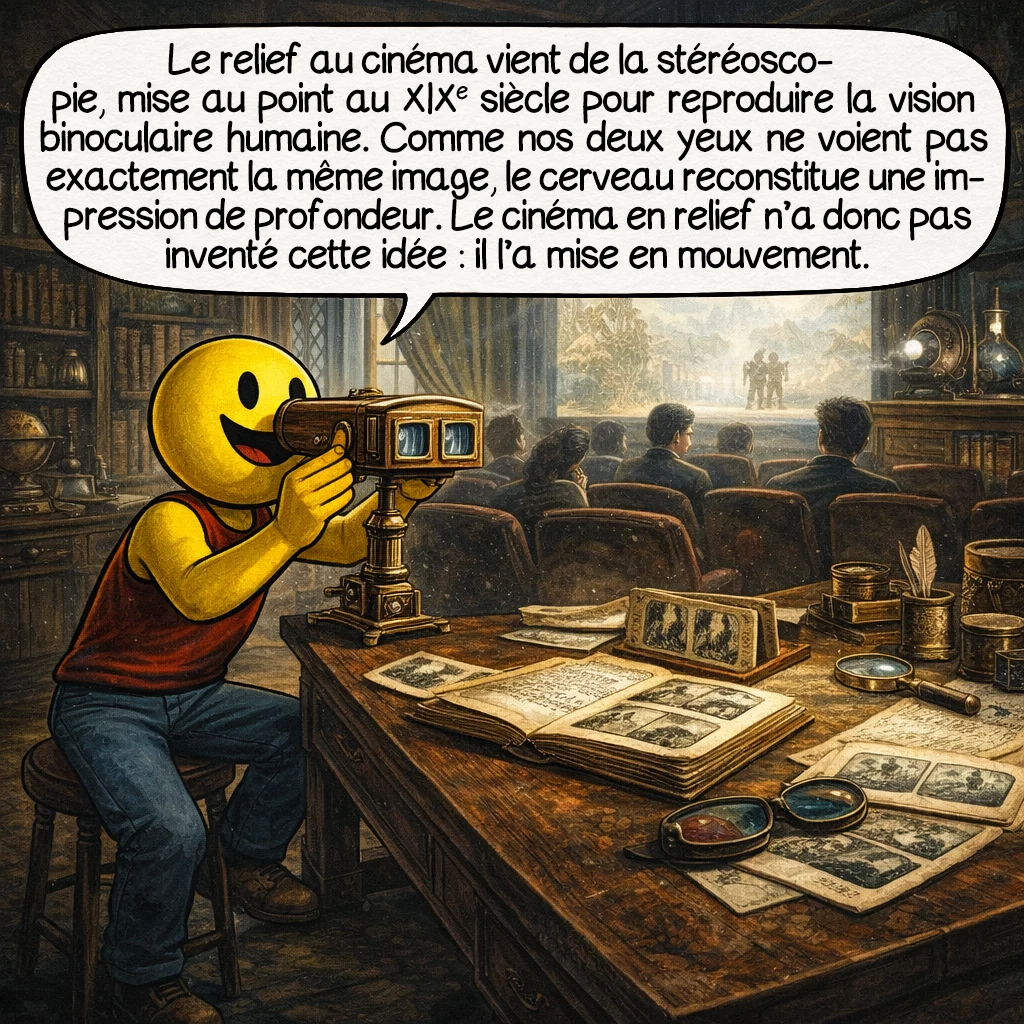 Le cinéma en relief, case 2 : Le relief au cinéma vient de la stéréoscopie, mise au point au XIXe siècle pour reproduire la vision binoculaire humaine. Comme nos deux yeux ne voient pas exactement la même image, le cerveau reconstitue une impression de profondeur. Le cinéma en relief n’a donc pas inventé cette idée : il l’a mise en mouvement.