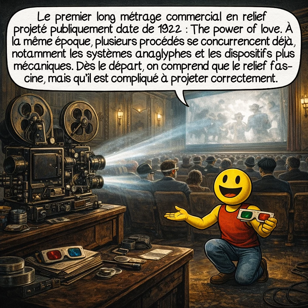 Le cinéma en relief, case 3 : Le premier long métrage commercial en relief projeté publiquement date de 1922 : The Power of Love. À la même époque, plusieurs procédés se concurrencent déjà, notamment les systèmes anaglyphes et les dispositifs plus mécaniques. Dès le départ, on comprend que le relief fascine, mais qu’il est compliqué à projeter correctement.