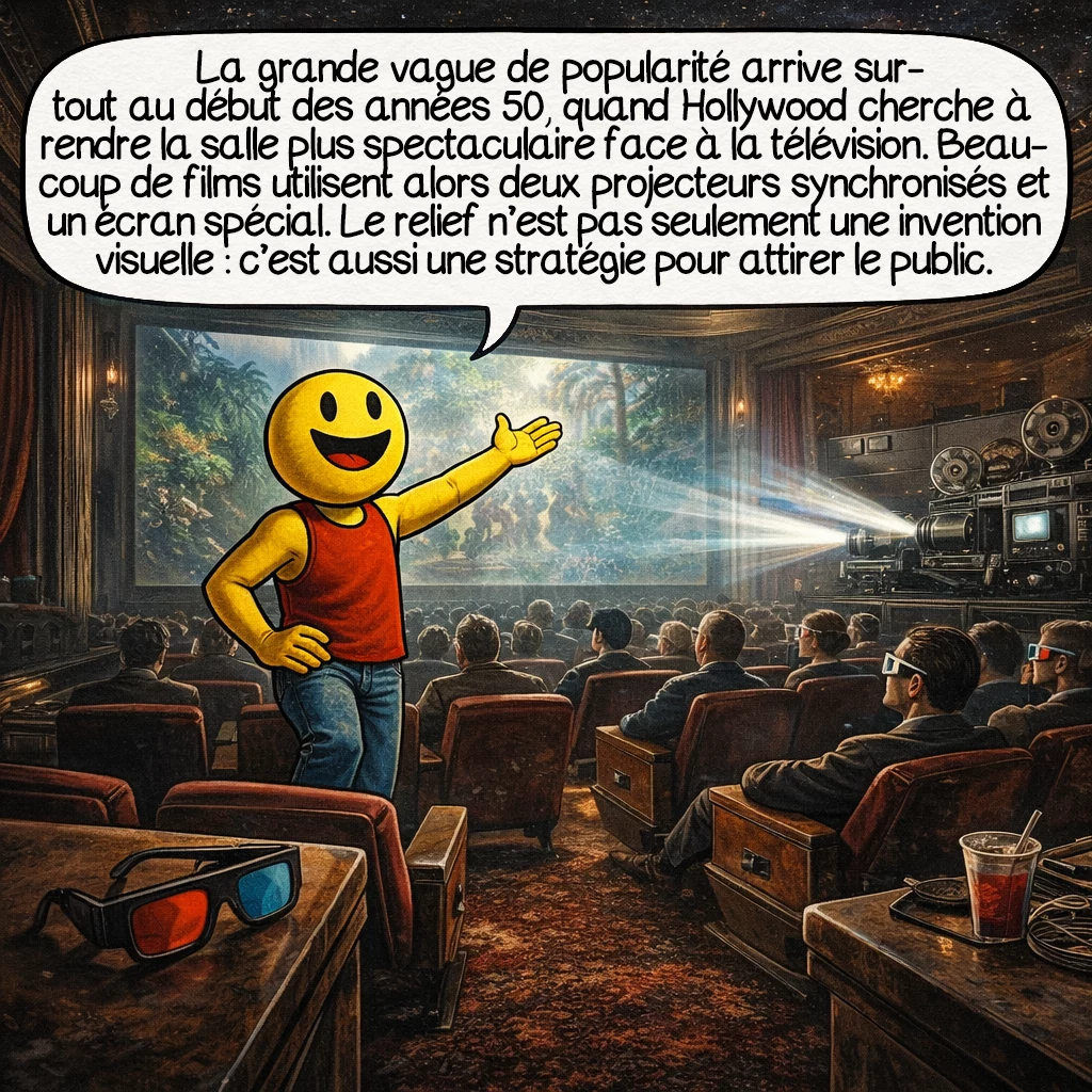 Le cinéma en relief, case 4 : La grande vague de popularité arrive surtout au début des années 1950, quand Hollywood cherche à rendre la salle plus spectaculaire face à la télévision. Beaucoup de films utilisent alors deux projecteurs synchronisés et un écran spécial. Le relief n’est donc pas seulement une invention visuelle : c’est aussi une stratégie industrielle pour attirer le public.