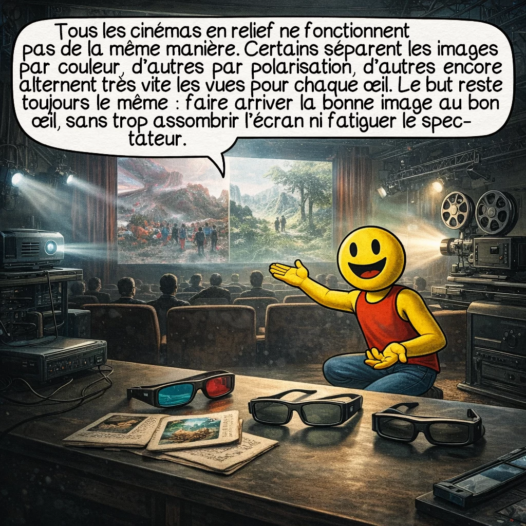 Le cinéma en relief, case 5 : Tous les cinémas en relief ne fonctionnent pas de la même manière. Certains séparent les images par couleur, d’autres par polarisation, d’autres encore alternent très vite les vues pour chaque œil. Le but reste toujours le même : faire arriver la bonne image au bon œil, sans trop assombrir l’écran ni fatiguer le spectateur.