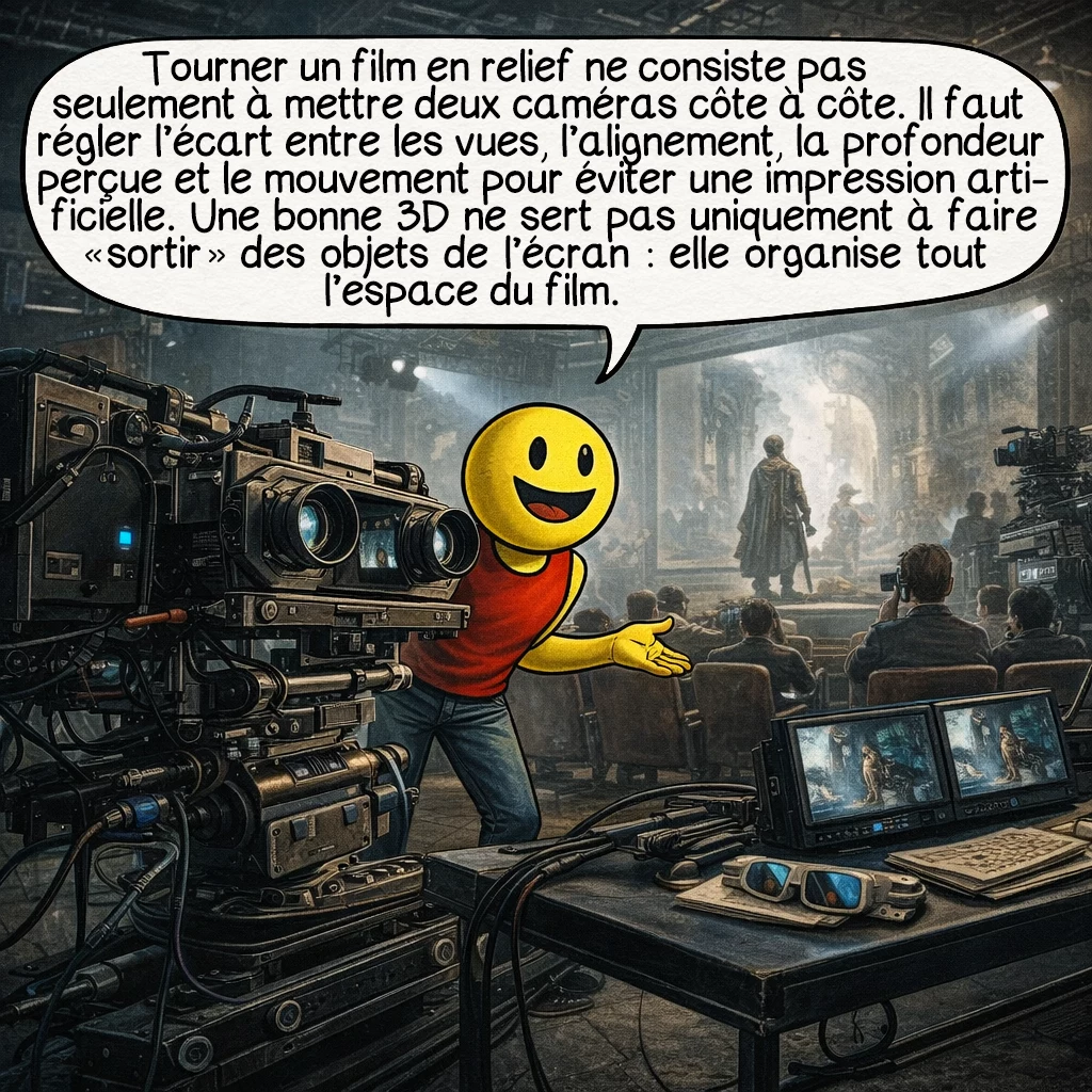 Le cinéma en relief, case 6 : Tourner un film en relief ne consiste pas seulement à mettre deux caméras côte à côte. Il faut régler l’écart entre les vues, l’alignement, la profondeur perçue et le mouvement pour éviter une impression artificielle. Une bonne 3D ne sert pas uniquement à faire « sortir » des objets de l’écran : elle organise tout l’espace du film.