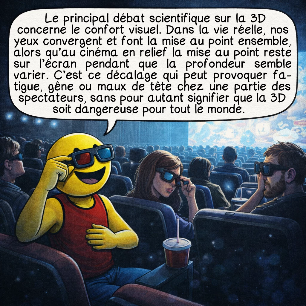 Le cinéma en relief, case 7 : Le principal débat scientifique sur la 3D concerne le confort visuel. Dans la vie réelle, nos yeux convergent et font la mise au point ensemble, alors qu’au cinéma en relief la mise au point reste sur l’écran pendant que la profondeur semble varier. C’est ce décalage qui peut provoquer fatigue, gêne ou maux de tête chez une partie des spectateurs, sans pour autant signifier que la 3D soit dangereuse pour tout le monde.