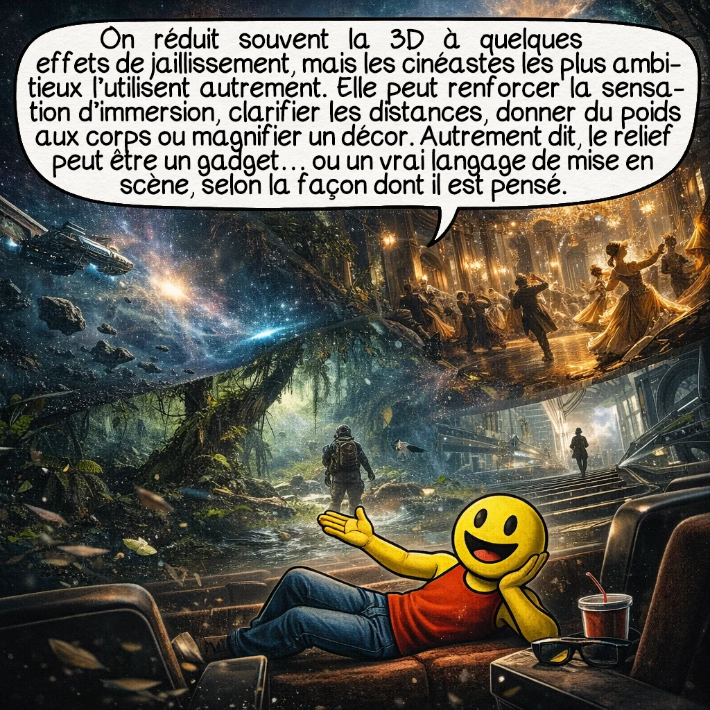 Le cinéma en relief, case 8 : On réduit souvent la 3D à quelques effets de jaillissement, mais les cinéastes les plus ambitieux l’utilisent autrement. Elle peut renforcer la sensation d’immersion, clarifier les distances, donner du poids aux corps ou magnifier un décor. Autrement dit, le relief peut être un gadget… ou un vrai langage de mise en scène, selon la façon dont il est pensé.