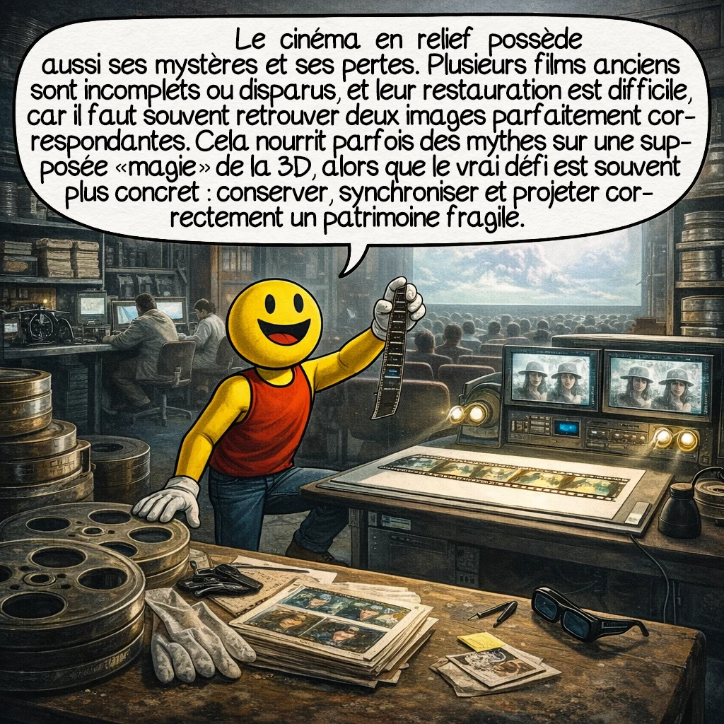 Le cinéma en relief, case 9 : Le cinéma en relief possède aussi ses mystères et ses pertes. Plusieurs films anciens sont incomplets ou disparus, et leur restauration est difficile, car il faut souvent retrouver deux images parfaitement correspondantes. Cela nourrit parfois des mythes sur une supposée « magie » de la 3D, alors que le vrai défi est souvent plus concret : conserver, synchroniser et projeter correctement un patrimoine fragile.