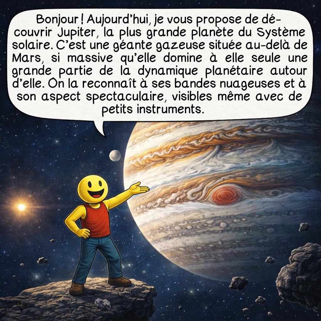 Jupiter, case 1 : Bonjour ! Aujourd’hui, je vous propose de découvrir Jupiter, la plus grande planète du Système solaire. C’est une géante gazeuse située au-delà de Mars, si massive qu’elle domine à elle seule une grande partie de la dynamique planétaire autour d’elle. On la reconnaît à ses bandes nuageuses et à son aspect spectaculaire, visibles même avec de petits instruments.