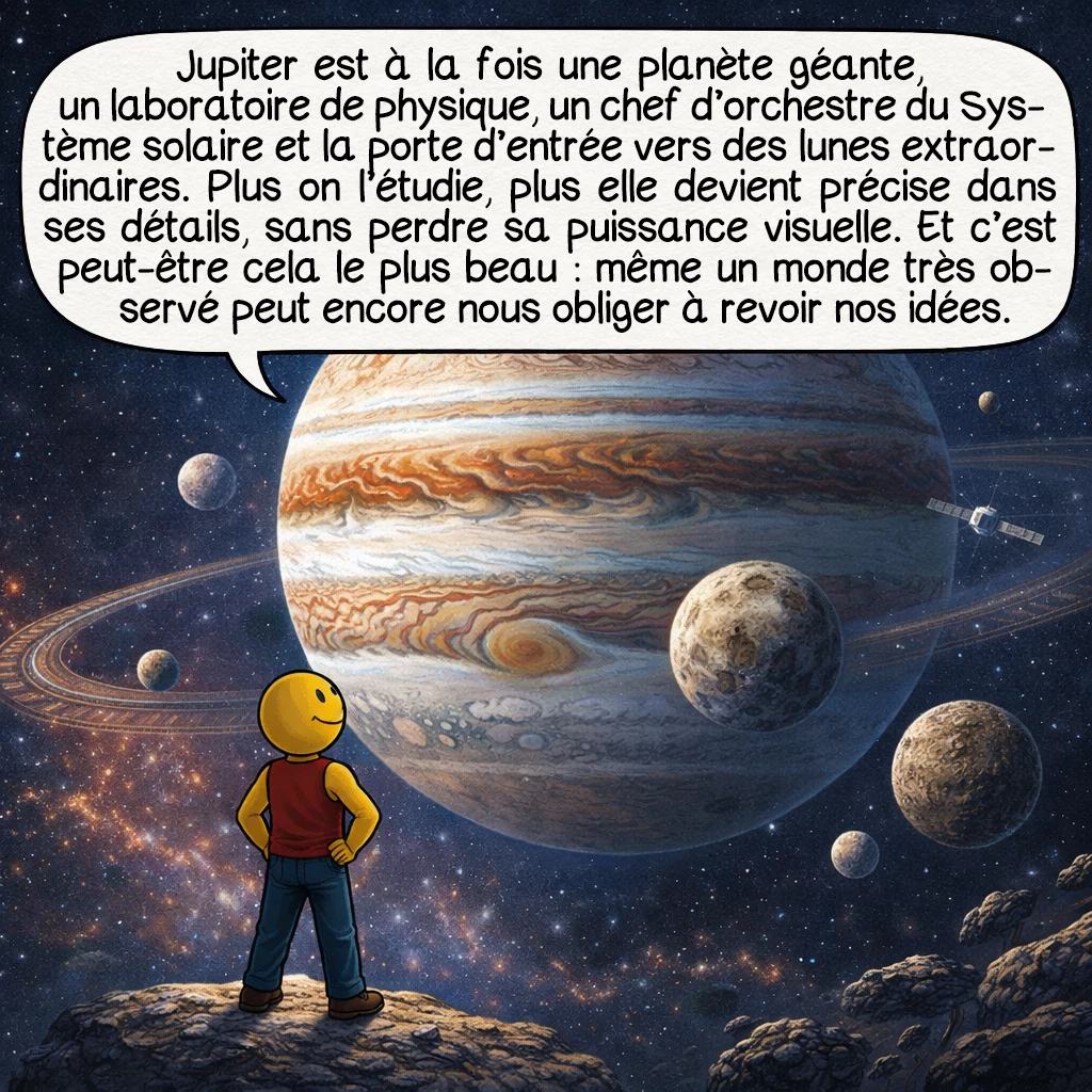 Jupiter, case 10 : Jupiter est à la fois une planète géante, un laboratoire de physique, un chef d’orchestre du Système solaire et la porte d’entrée vers des lunes extraordinaires. Plus on l’étudie, plus elle devient précise dans ses détails, sans perdre sa puissance visuelle. Et c’est peut-être cela le plus beau : même un monde très observé peut encore nous obliger à revoir nos idées.
