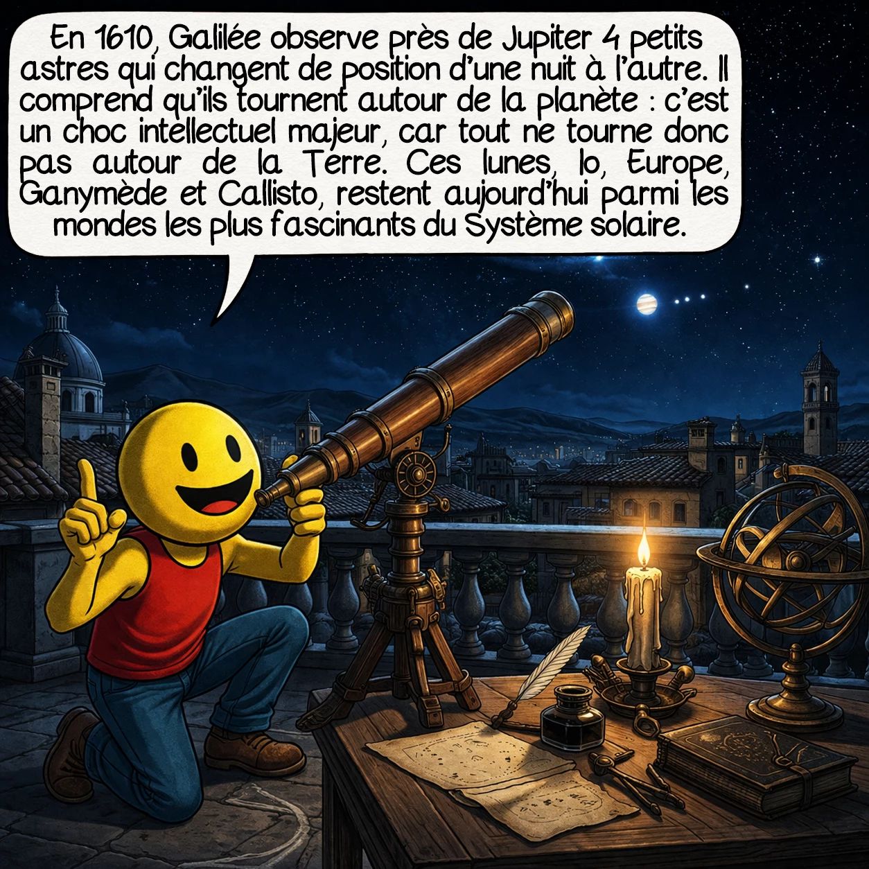Jupiter, case 2 : En 1610, Galilée observe près de Jupiter quatre petits astres qui changent de position d’une nuit à l’autre. Il comprend qu’ils tournent autour de la planète : c’est un choc intellectuel majeur, car tout ne tourne donc pas autour de la Terre. Ces lunes, Io, Europe, Ganymède et Callisto, restent aujourd’hui parmi les mondes les plus fascinants du Système solaire.