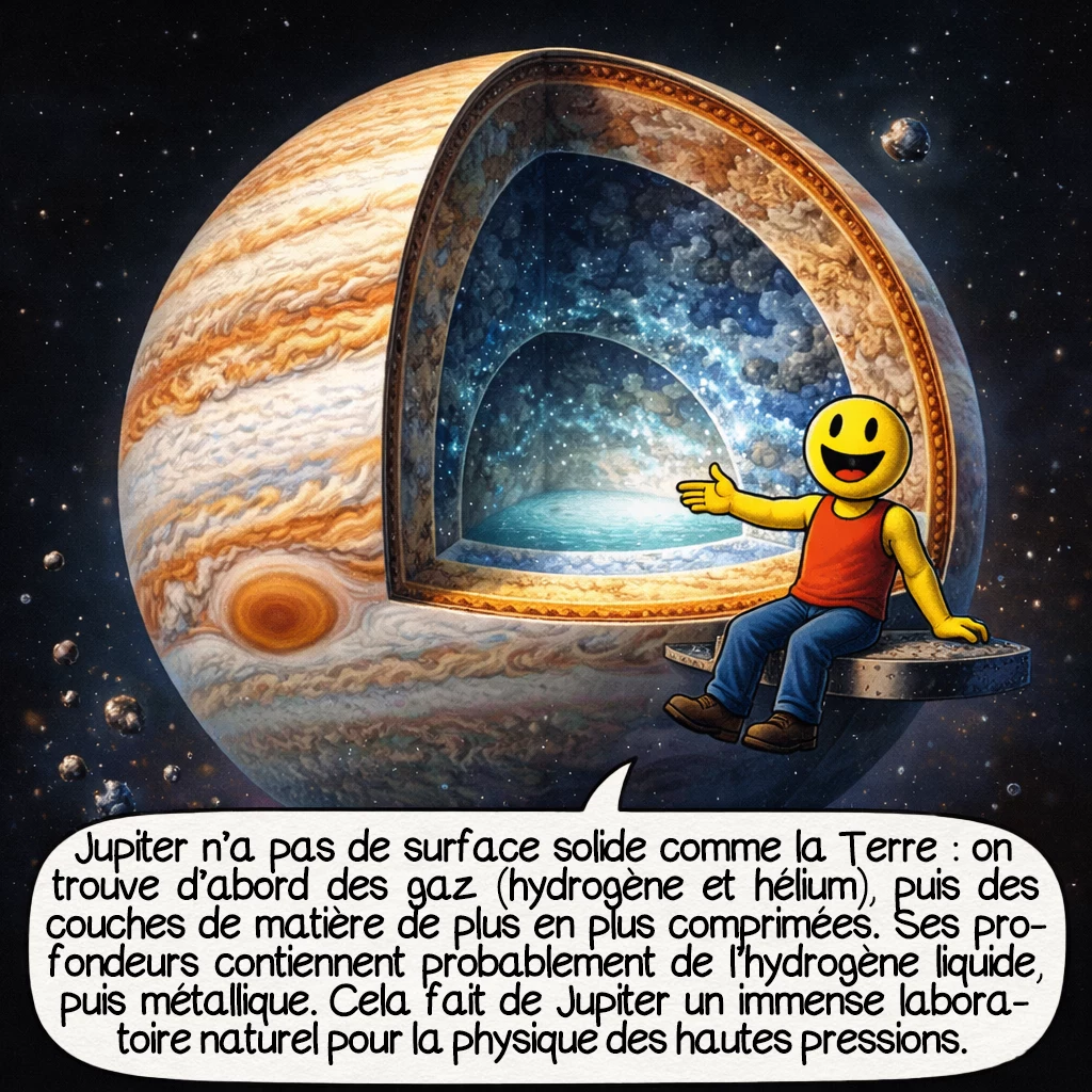 Jupiter, case 3 : Jupiter n’a pas de vraie surface solide comme la Terre : on descend d’abord dans des gaz, puis dans des couches de matière de plus en plus comprimées. Son atmosphère est dominée par l’hydrogène et l’hélium, et ses profondeurs contiennent probablement de l’hydrogène liquide, puis métallique. Cela fait de Jupiter un immense laboratoire naturel pour la physique des hautes pressions.