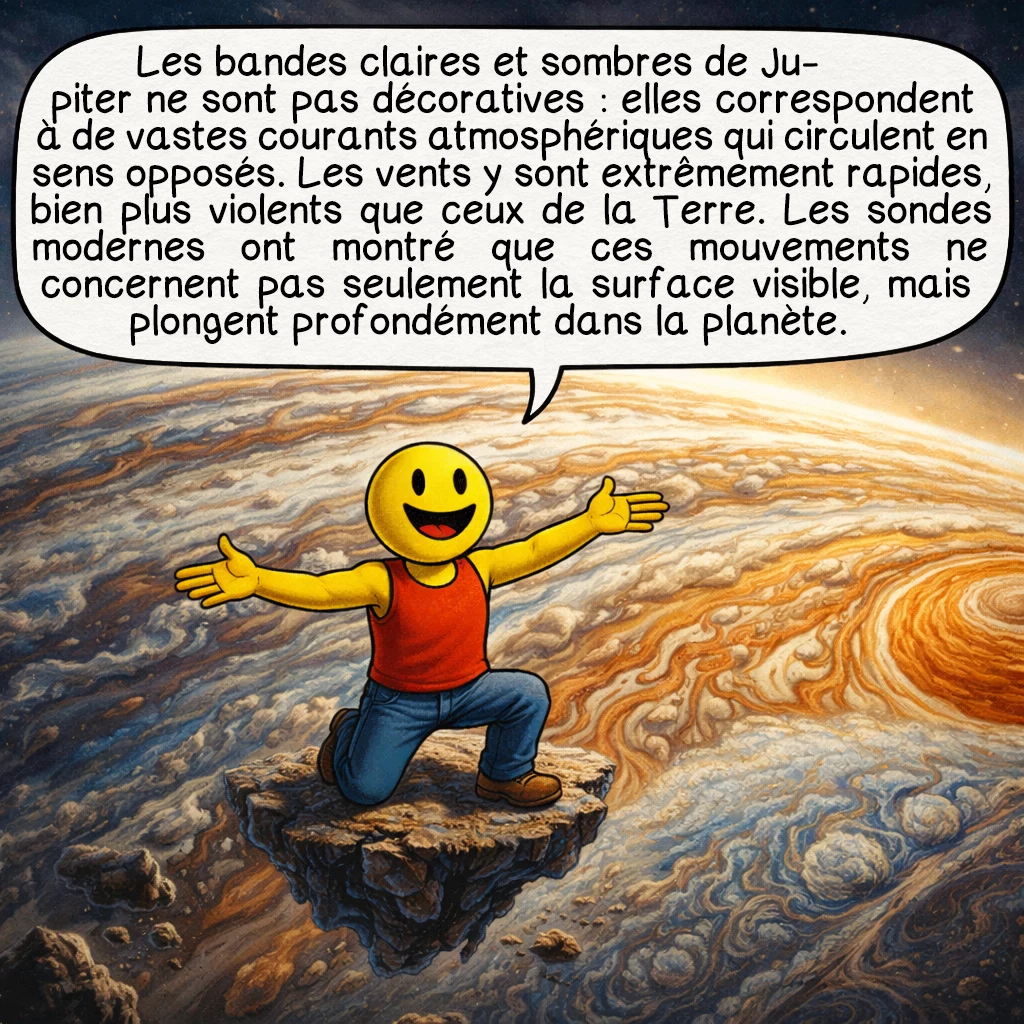 Jupiter, case 4 : Les bandes claires et sombres de Jupiter ne sont pas décoratives : elles correspondent à de vastes courants atmosphériques qui circulent en sens opposés. Les vents y sont extrêmement rapides, bien plus violents que ceux de la Terre. Les sondes modernes ont montré que ces mouvements ne concernent pas seulement la surface visible, mais plongent profondément dans la planète.
