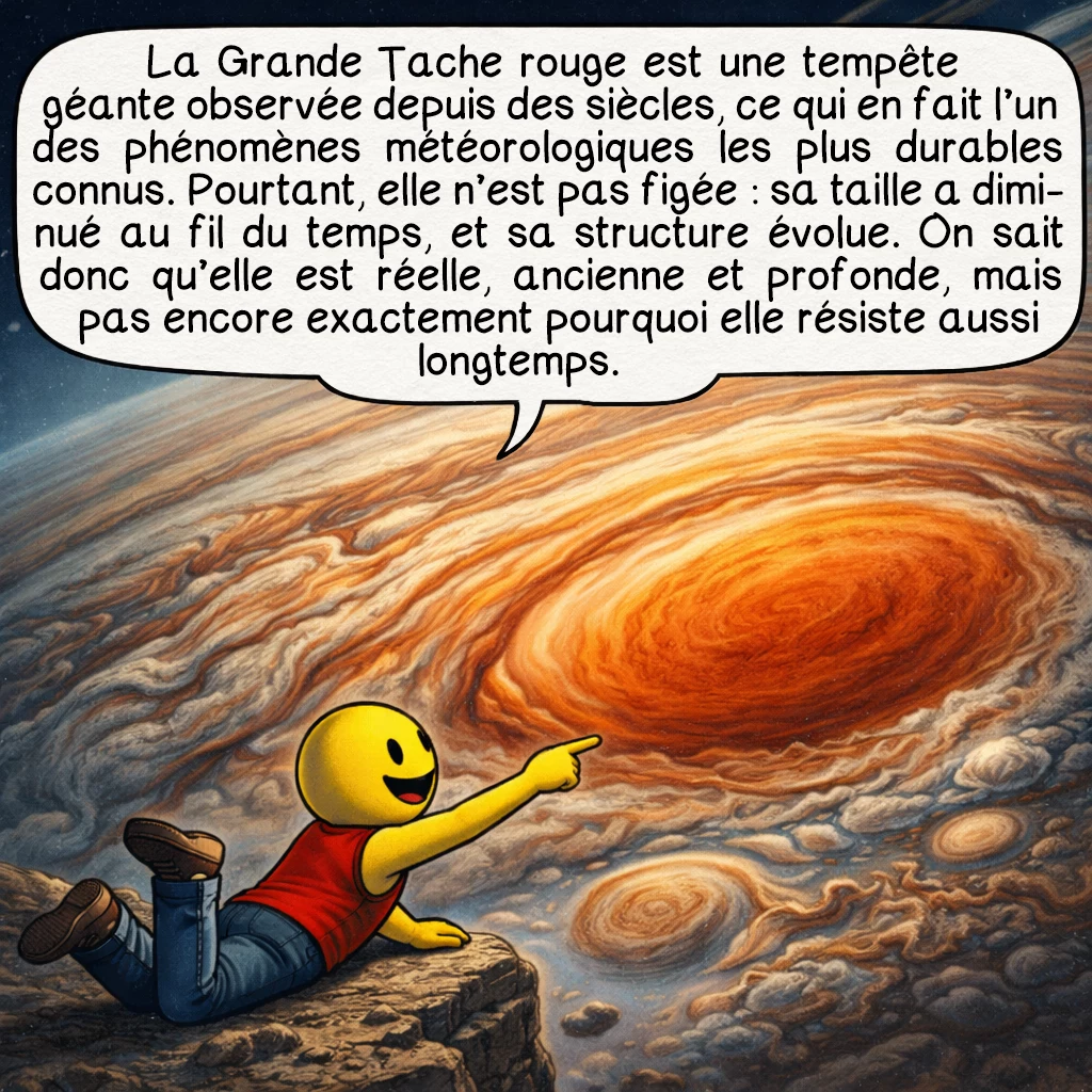 Jupiter, case 5 : La Grande Tache rouge est une tempête géante observée depuis des siècles, ce qui en fait l’un des phénomènes météorologiques les plus durables connus. Pourtant, elle n’est pas figée : sa taille a diminué au fil du temps, et sa structure évolue. On sait donc qu’elle est réelle, ancienne et profonde, mais pas encore exactement pourquoi elle résiste aussi longtemps.
