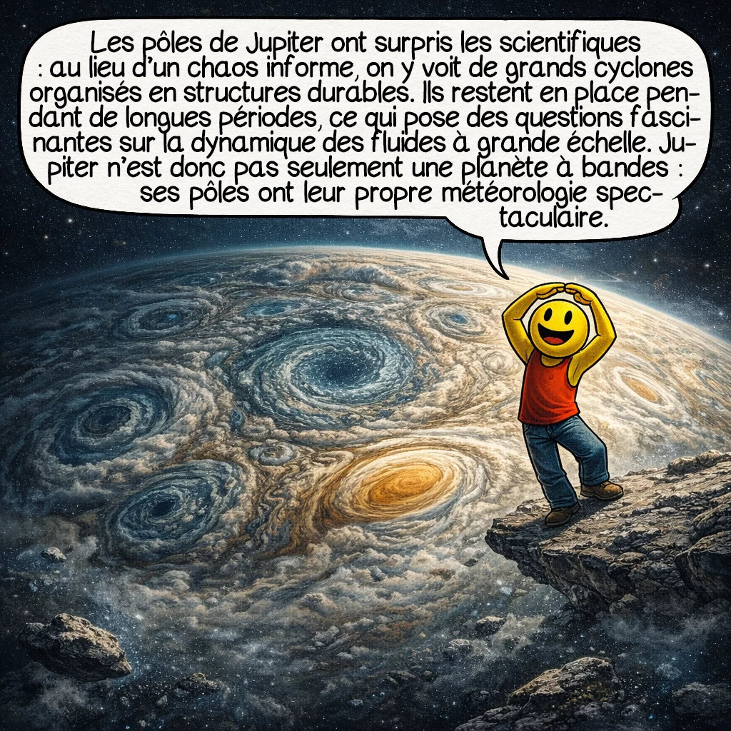Jupiter, case 6 : Les pôles de Jupiter ont surpris les scientifiques : au lieu d’un chaos informe, on y voit de grands cyclones organisés en structures durables. Ils restent en place pendant de longues périodes, ce qui pose des questions fascinantes sur la dynamique des fluides à grande échelle. Jupiter n’est donc pas seulement une planète à bandes : ses pôles ont leur propre météorologie spectaculaire.