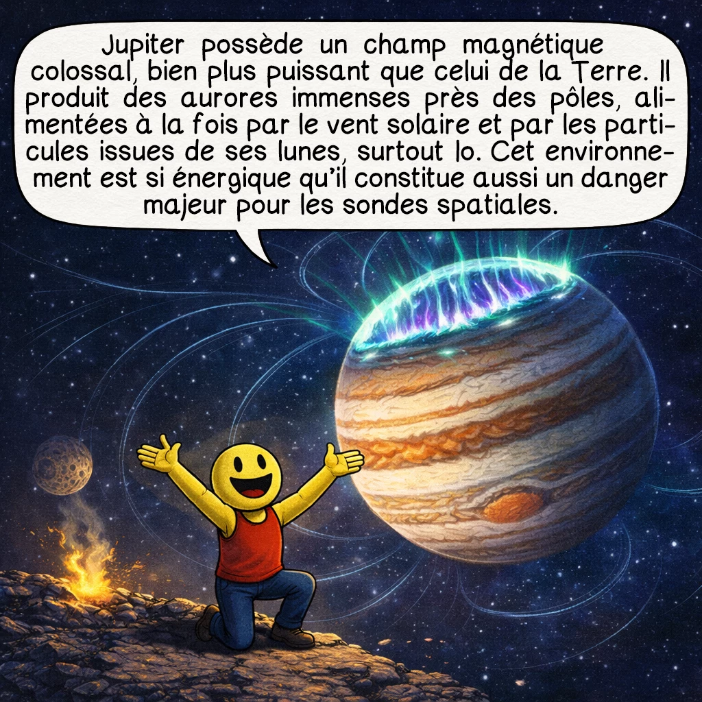 Jupiter, case 7 : Jupiter possède un champ magnétique colossal, bien plus puissant que celui de la Terre. Il produit des aurores immenses près des pôles, alimentées à la fois par le vent solaire et par les particules issues de ses lunes, surtout Io. Cet environnement est si énergique qu’il constitue aussi un danger majeur pour les sondes spatiales.