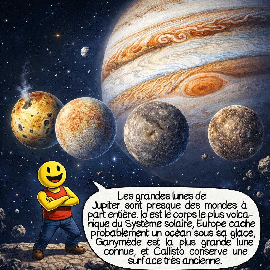 Jupiter, case 8 : Les grandes lunes de Jupiter sont presque des mondes à part entière. Io est le corps le plus volcanique du Système solaire, Europe cache probablement un océan sous sa glace, Ganymède est la plus grande lune connue, et Callisto conserve une surface très ancienne. Étudier Jupiter, c’est donc aussi étudier tout un petit système planétaire complet.
