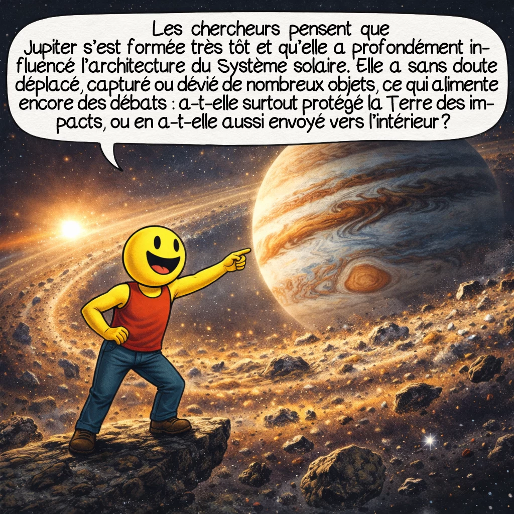 Jupiter, case 9 : Les chercheurs pensent que Jupiter s’est formée très tôt et qu’elle a profondément influencé l’architecture du Système solaire. Elle a sans doute déplacé, capturé ou dévié de nombreux objets, ce qui alimente encore des débats : a-t-elle surtout protégé la Terre des impacts, ou en a-t-elle aussi envoyé vers l’intérieur ? Les deux idées ont une part de vérité selon les populations d’astres considérées.