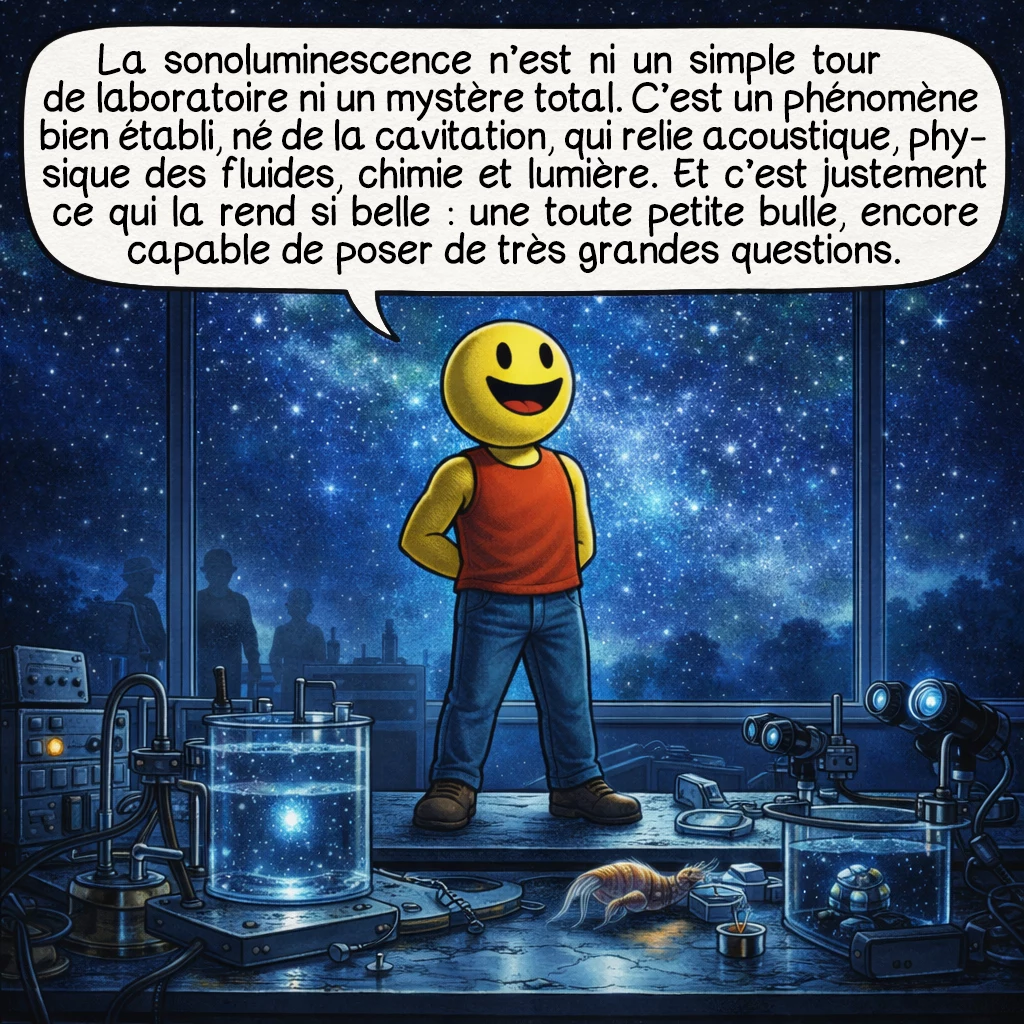 La sonoluminescence, case 10 : La sonoluminescence n’est ni un simple tour de laboratoire ni un mystère total. C’est un phénomène bien établi, né de la cavitation, qui relie acoustique, physique des fluides, chimie et lumière. Et c’est justement ce qui la rend si belle : une toute petite bulle, encore capable de poser de très grandes questions.