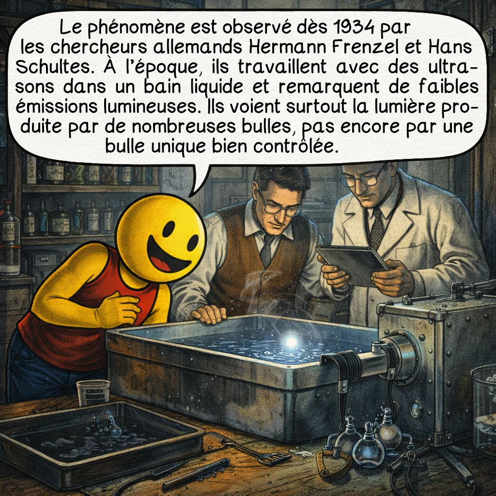 La sonoluminescence, case 2 : Le phénomène est observé dès 1934 par les chercheurs allemands Hermann Frenzel et Hans Schultes. À l’époque, ils travaillent avec des ultrasons dans un bain liquide et remarquent de faibles émissions lumineuses. Ils voient surtout la lumière produite par de nombreuses bulles, pas encore par une bulle unique bien contrôlée.