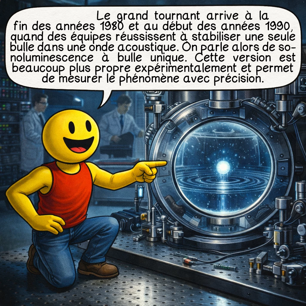 La sonoluminescence, case 3 : Le grand tournant arrive à la fin des années 1980 et au début des années 1990, quand des équipes réussissent à stabiliser une seule bulle dans une onde acoustique. On parle alors de sonoluminescence à bulle unique. Cette version est beaucoup plus propre expérimentalement et permet de mesurer le phénomène avec précision.
