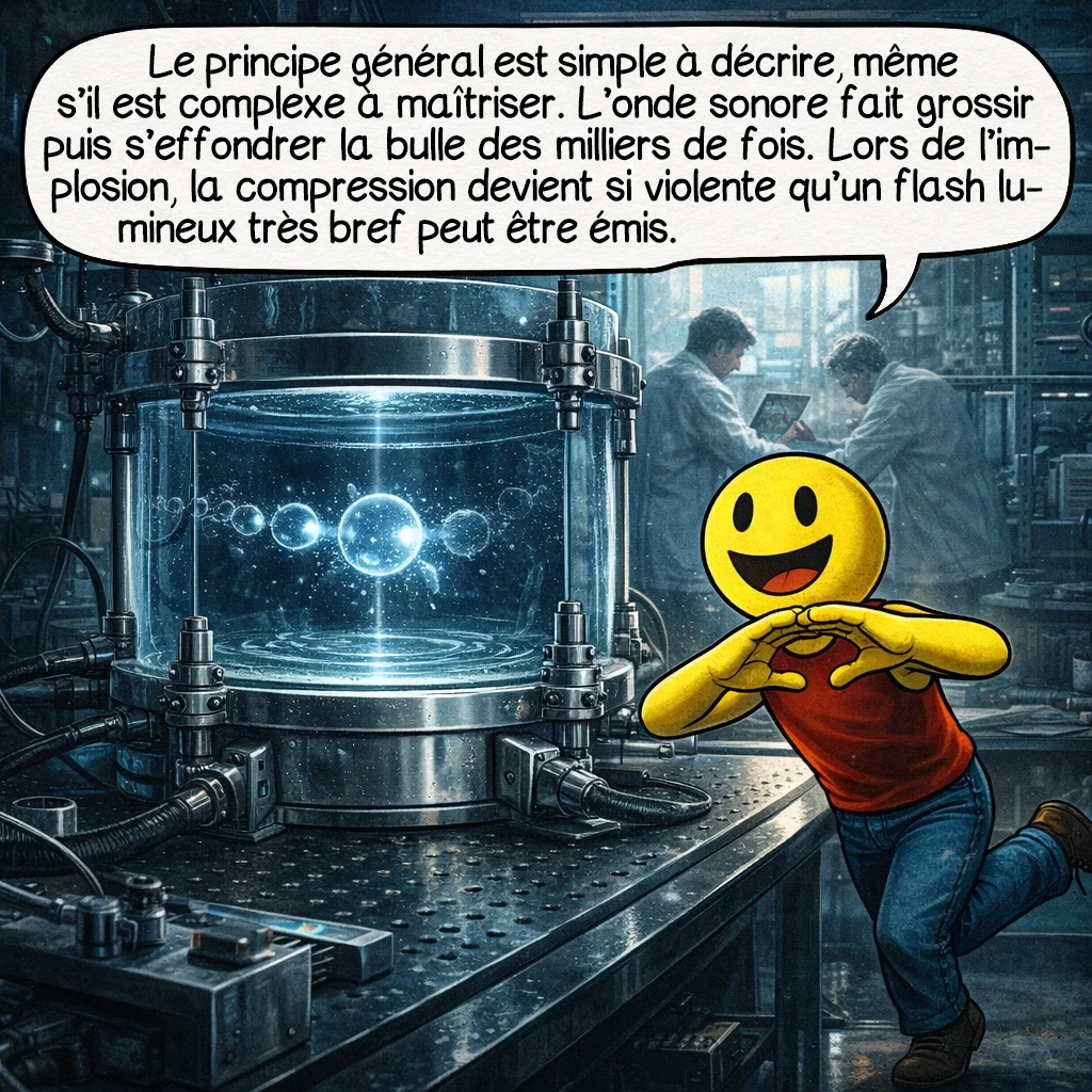 La sonoluminescence, case 4 : Le principe général est simple à décrire, même s’il est complexe à maîtriser. L’onde sonore fait grossir puis s’effondrer la bulle des milliers de fois. Lors de l’implosion, la compression devient si violente qu’un flash lumineux très bref peut être émis.