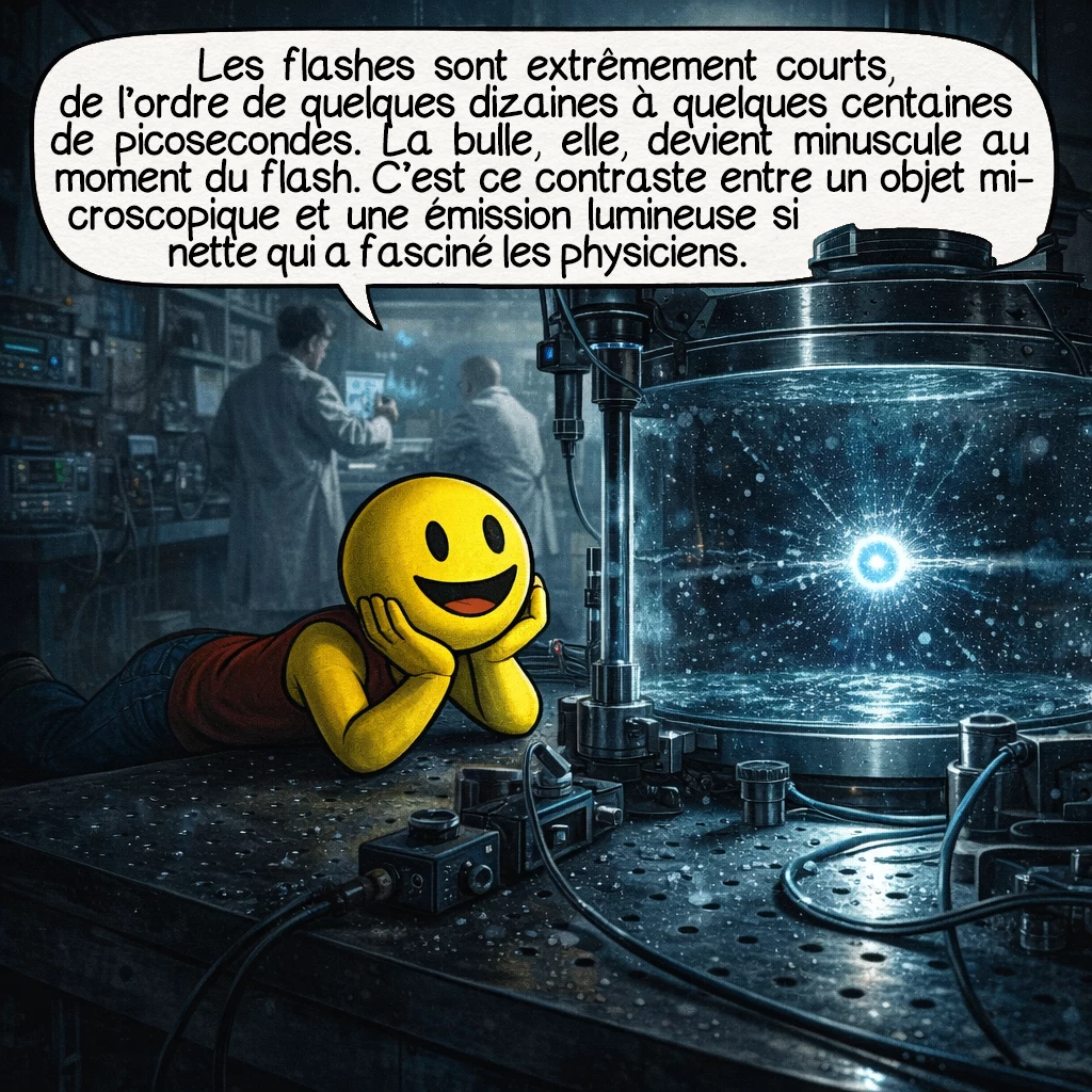 La sonoluminescence, case 5 : Les flashes sont extrêmement courts, de l’ordre de quelques dizaines à quelques centaines de picosecondes. La bulle, elle, devient minuscule au moment du flash. C’est ce contraste entre un objet microscopique et une émission lumineuse si nette qui a fasciné les physiciens.