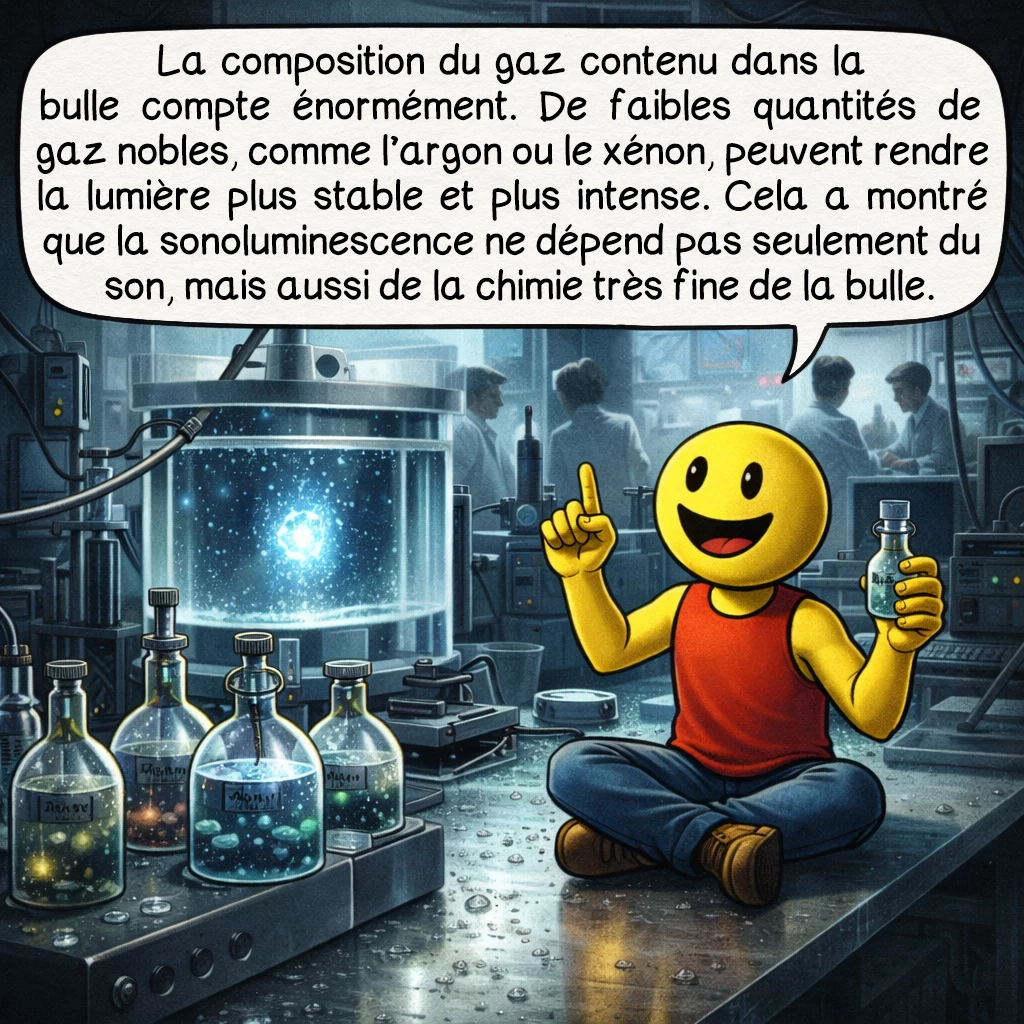 La sonoluminescence, case 6 : La composition du gaz contenu dans la bulle compte énormément. De faibles quantités de gaz nobles, comme l’argon ou le xénon, peuvent rendre la lumière plus stable et plus intense. Cela a montré que la sonoluminescence ne dépend pas seulement du son, mais aussi de la chimie très fine de la bulle.