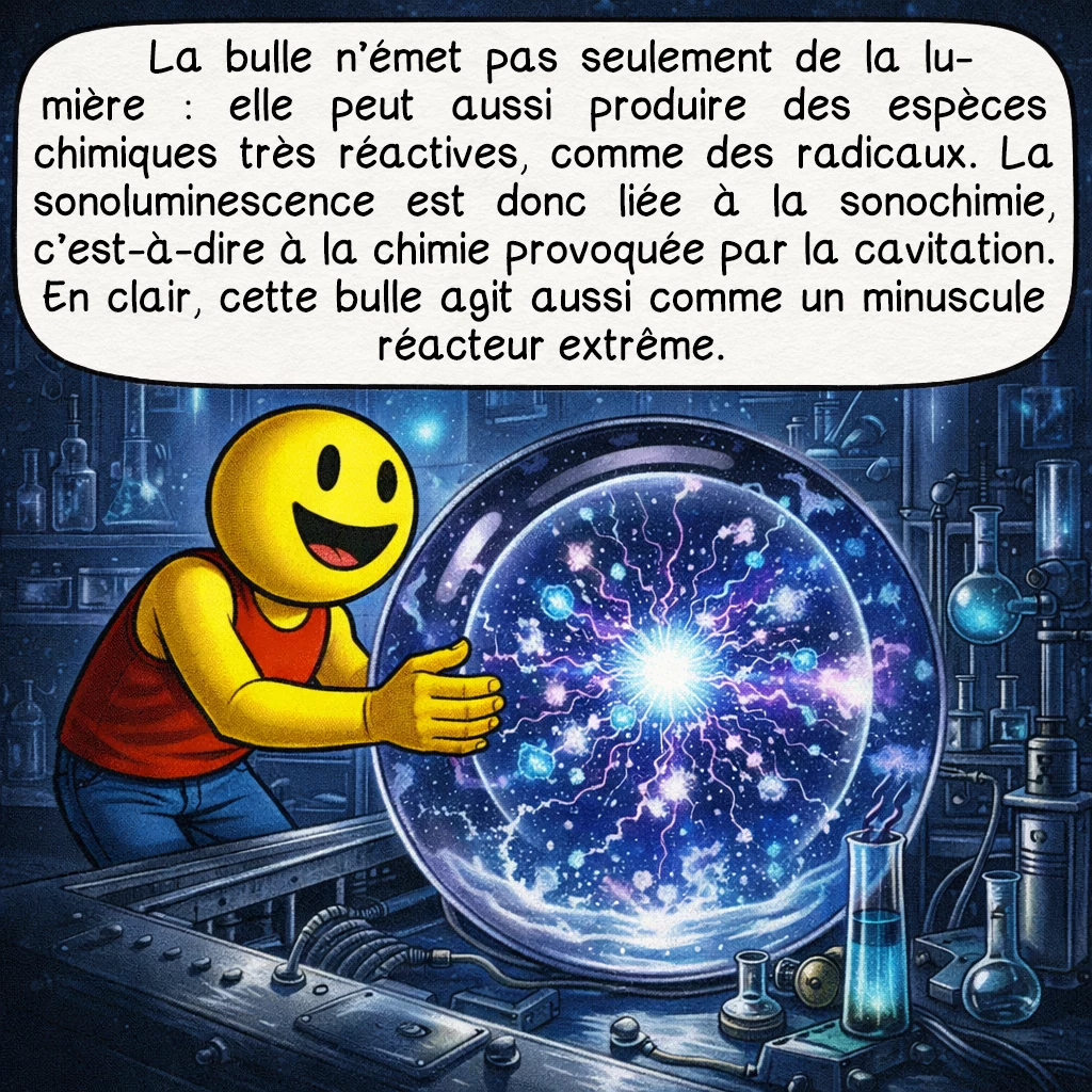La sonoluminescence, case 7 : La bulle n’émet pas seulement de la lumière : elle peut aussi produire des espèces chimiques très réactives, comme des radicaux. La sonoluminescence est donc liée à la sonochimie, c’est-à-dire à la chimie provoquée par la cavitation. En clair, cette bulle agit aussi comme un minuscule réacteur extrême.