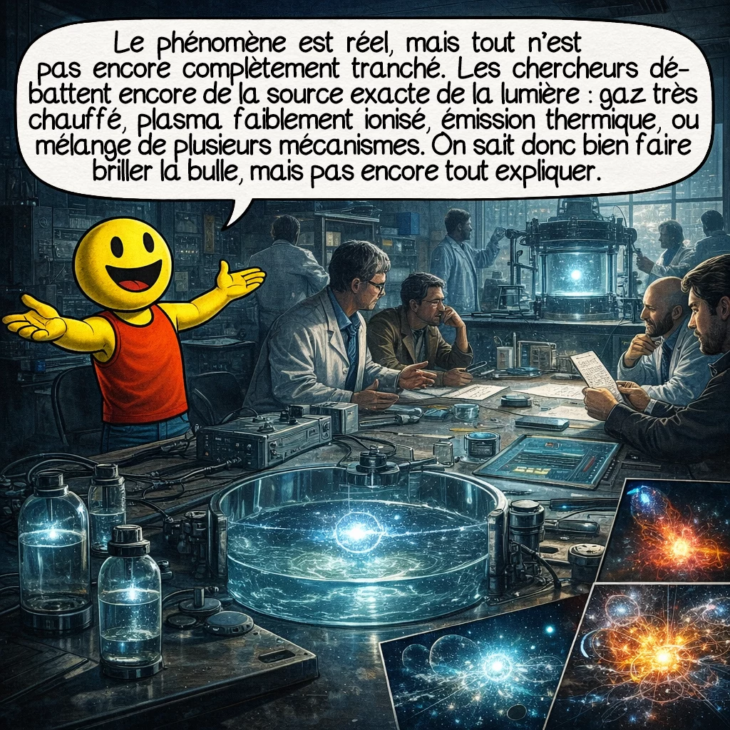 La sonoluminescence, case 8 : Le phénomène est réel, mais tout n’est pas encore complètement tranché. Les chercheurs débattent encore de la source exacte de la lumière : gaz très chauffé, plasma faiblement ionisé, émission thermique, ou mélange de plusieurs mécanismes. On sait donc bien faire briller la bulle, mais pas encore tout expliquer dans le moindre détail.