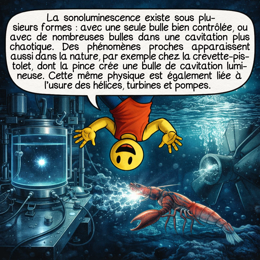 La sonoluminescence, case 9 : La sonoluminescence existe sous plusieurs formes : avec une seule bulle bien contrôlée, ou avec de nombreuses bulles dans une cavitation plus chaotique. Des phénomènes proches apparaissent aussi dans la nature, par exemple chez la crevette-pistolet, dont la pince crée une bulle de cavitation lumineuse. Cette même physique est également liée à l’usure des hélices, turbines et pompes.