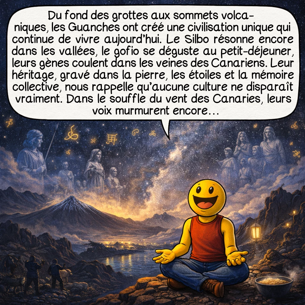 Les Guanches, case 10 : Du fond des grottes aux sommets volcaniques, les Guanches ont créé une civilisation unique qui continue de vivre aujourd’hui. Le Silbo résonne encore dans les vallées, le gofio se déguste au petit-déjeuner, leurs gènes coulent dans les veines des Canariens. Leur héritage, gravé dans la pierre, les étoiles et la mémoire collective, nous rappelle qu’aucune culture ne disparaît vraiment. Dans le souffle du vent des Canaries, leurs voix murmurent encore… Merci d’avoir voyagé avec moi !