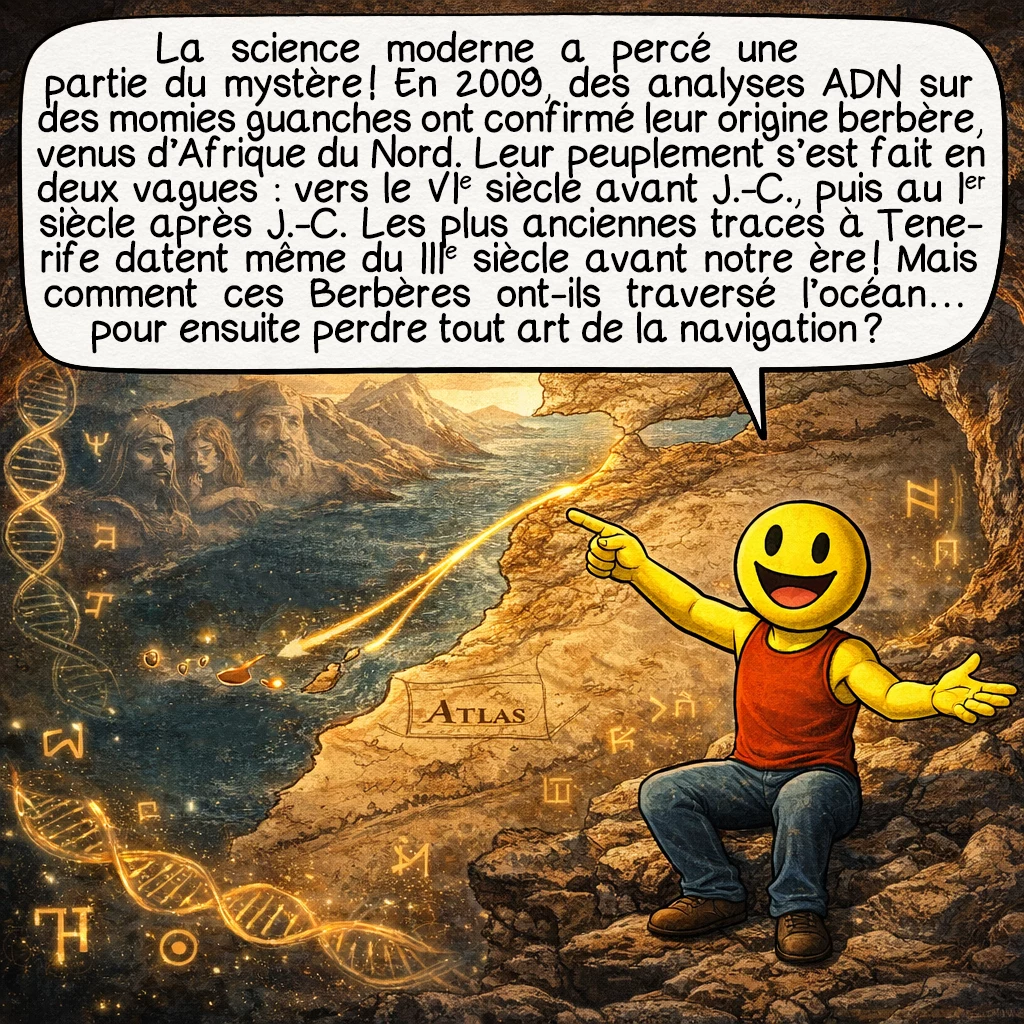 Les Guanches, case 2 : La science moderne a percé une partie du mystère ! En 2009, des analyses ADN sur des momies guanches ont confirmé leur origine berbère, venus d’Afrique du Nord. Leur peuplement s’est fait en deux vagues : vers le 6e siècle avant J.-C., puis au 1er siècle après J.-C. Les plus anciennes traces à Tenerife datent même du 3e siècle avant notre ère ! Mais voici l’énigme : comment ces Berbères ont-ils traversé l’océan… pour ensuite perdre tout art de la navigation ?