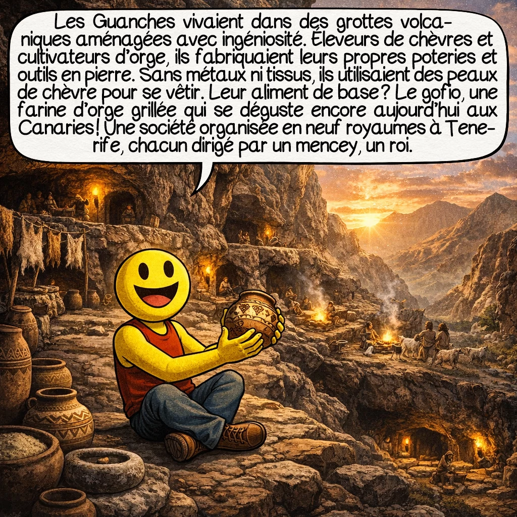 Les Guanches, case 3 : Les Guanches vivaient dans des grottes volcaniques aménagées avec ingéniosité. Éleveurs de chèvres et cultivateurs d’orge, ils fabriquaient leurs propres poteries et outils en pierre. Sans métaux, sans tissus, ils utilisaient des peaux de chèvre pour se vêtir. Leur aliment de base ? Le gofio, une farine d’orge grillée qui se déguste encore aujourd’hui aux Canaries ! Une société organisée en neuf royaumes à Tenerife, chacun dirigé par un mencey, un roi.