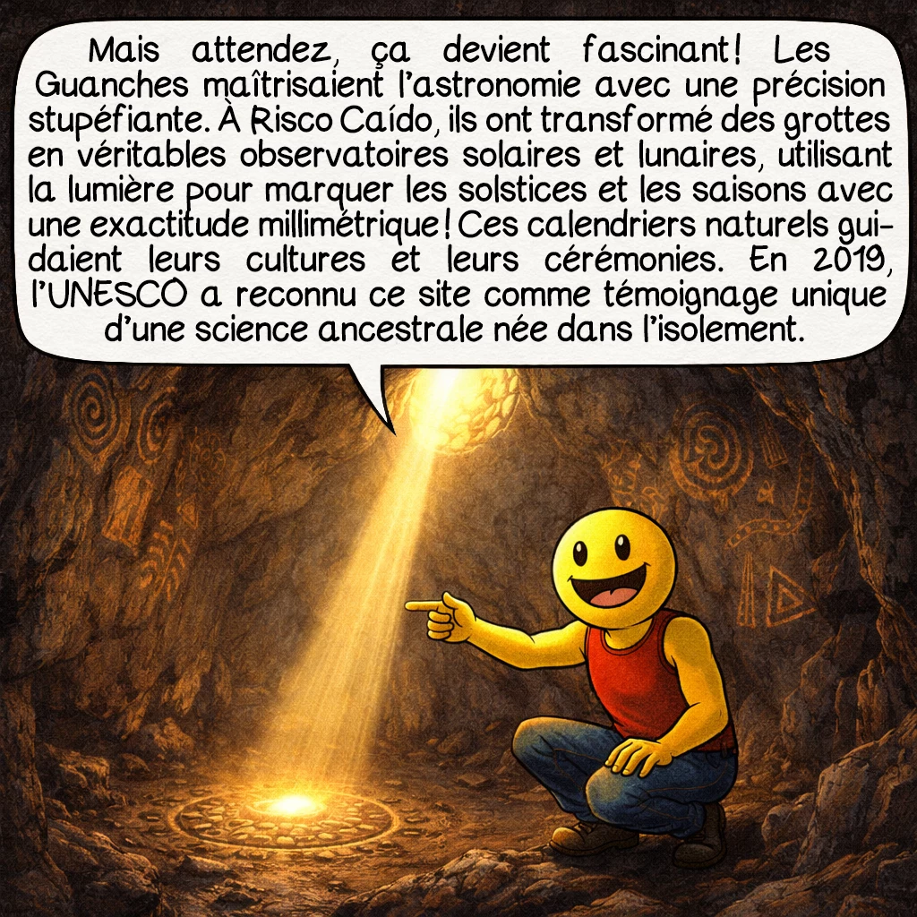Les Guanches, case 4 : Mais attendez, ça devient fascinant ! Les Guanches maîtrisaient l’astronomie avec une précision stupéfiante. À Risco Caído, ils ont transformé des grottes en véritables observatoires solaires et lunaires, utilisant la lumière pour marquer les solstices et les saisons avec une exactitude millimétrique ! Ces calendriers naturels guidaient leurs cultures et leurs cérémonies. En 2019, l’UNESCO a reconnu ce site comme témoignage unique d’une science ancestrale née dans l’isolement.