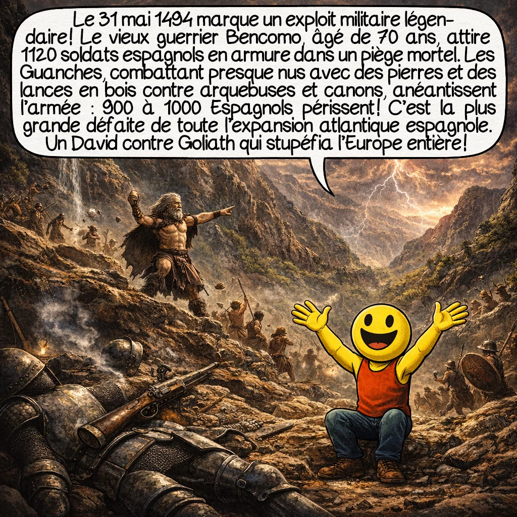 Les Guanches, case 5 : Le 31 mai 1494 marque un exploit militaire légendaire ! Le vieux guerrier Bencomo, âgé de 70 ans, attire 1120 soldats espagnols en armure dans un piège mortel. Les Guanches, combattant presque nus avec des pierres et des lances en bois contre arquebuses et canons, anéantissent l’armée : 900 à 1000 Espagnols périssent ! C’est la plus grande défaite de toute l’expansion atlantique espagnole. Un David contre Goliath qui stupéfia l’Europe entière !