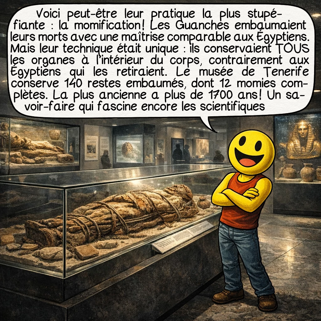 Les Guanches, case 6 : Voici peut-être leur pratique la plus stupéfiante : la momification ! Les Guanches embaumaient leurs morts avec une maîtrise comparable aux Égyptiens. Mais leur technique était unique : ils conservaient TOUS les organes à l’intérieur du corps, contrairement aux Égyptiens qui les retiraient. Le musée de Tenerife conserve 140 restes embaumés, dont 12 momies complètes. La plus ancienne a plus de 1700 ans ! Un savoir-faire qui fascine encore les scientifiques du monde entier.